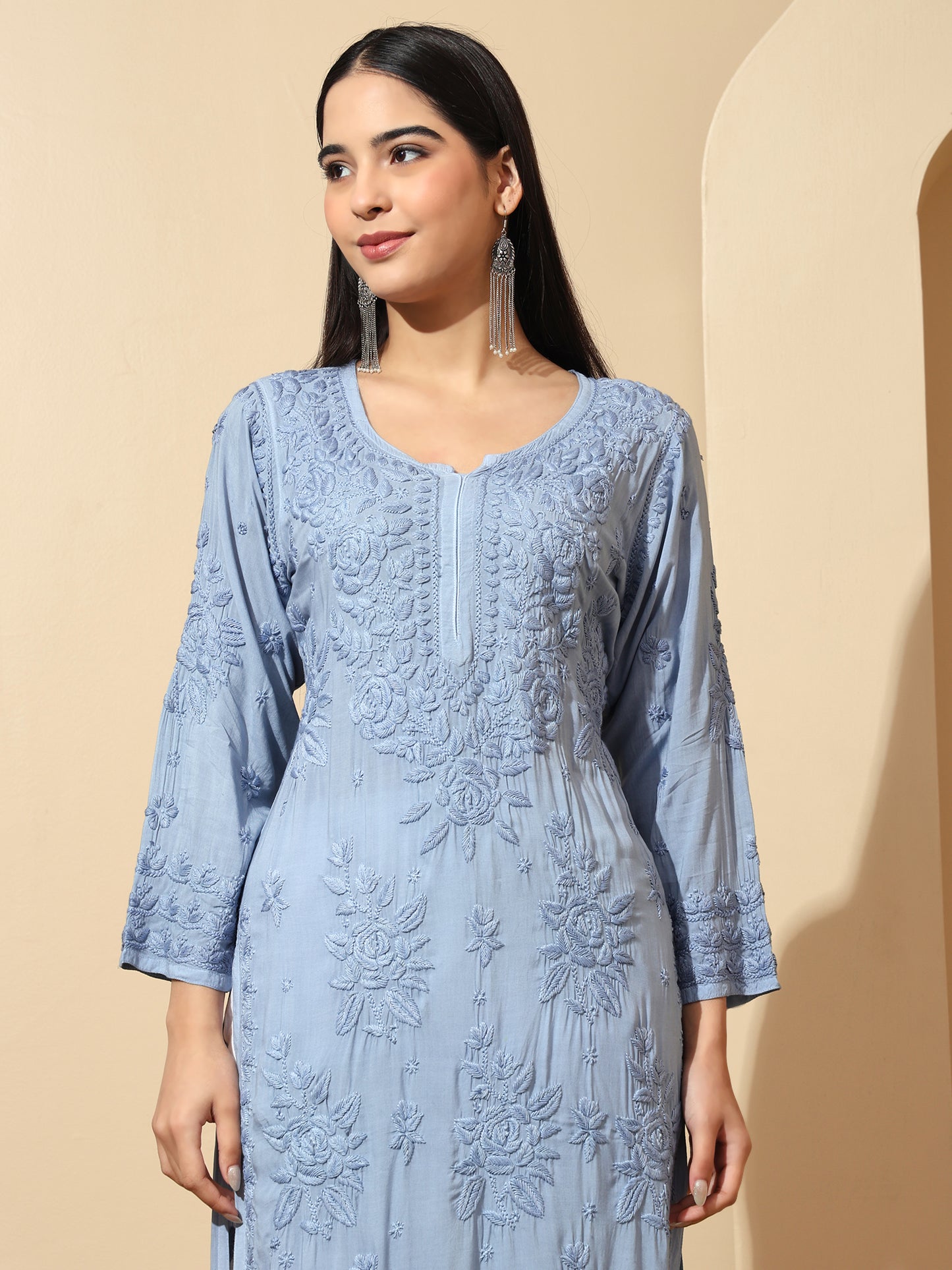 Powder Blue Modal Lucknowi Chikankari Kurti for Women with 3D Hand Embroidery – Long Ethnic Kurta