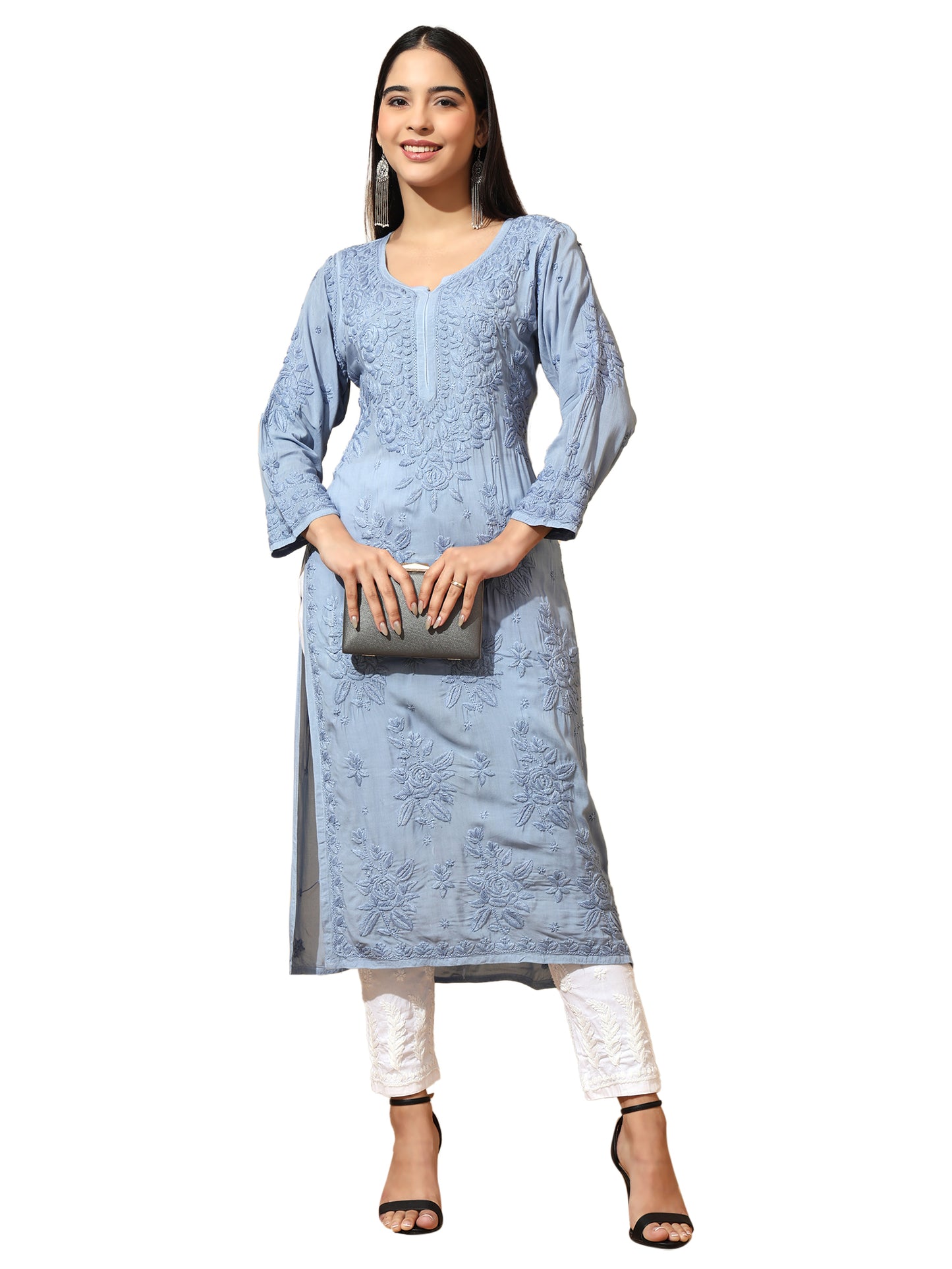 Powder Blue Modal Lucknowi Chikankari Kurti for Women with 3D Hand Embroidery – Long Ethnic Kurta