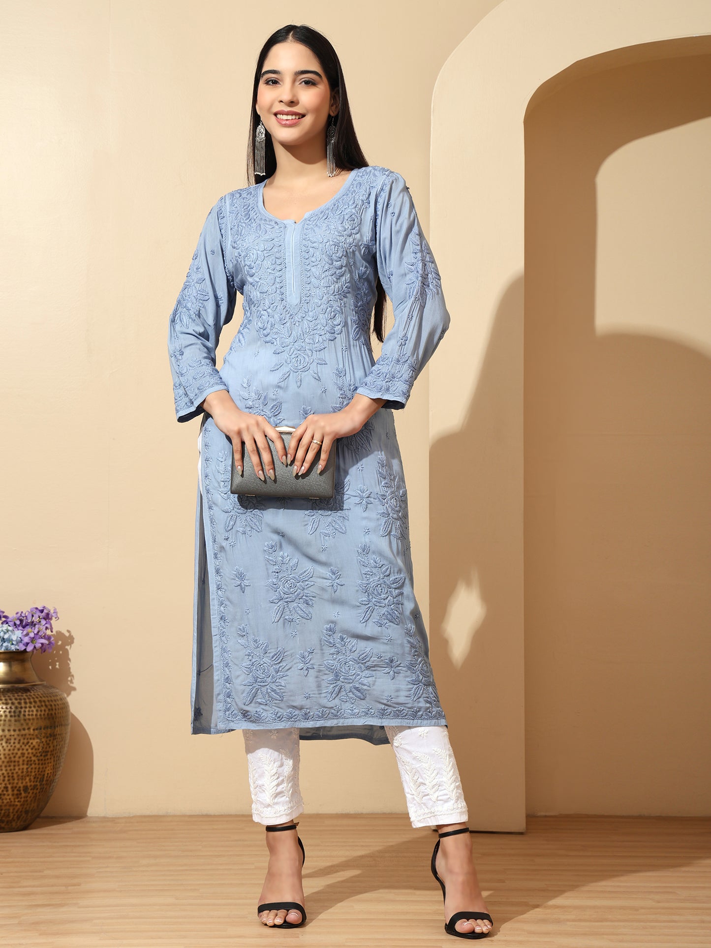 Powder Blue Modal Lucknowi Chikankari Kurti for Women with 3D Hand Embroidery – Long Ethnic Kurta