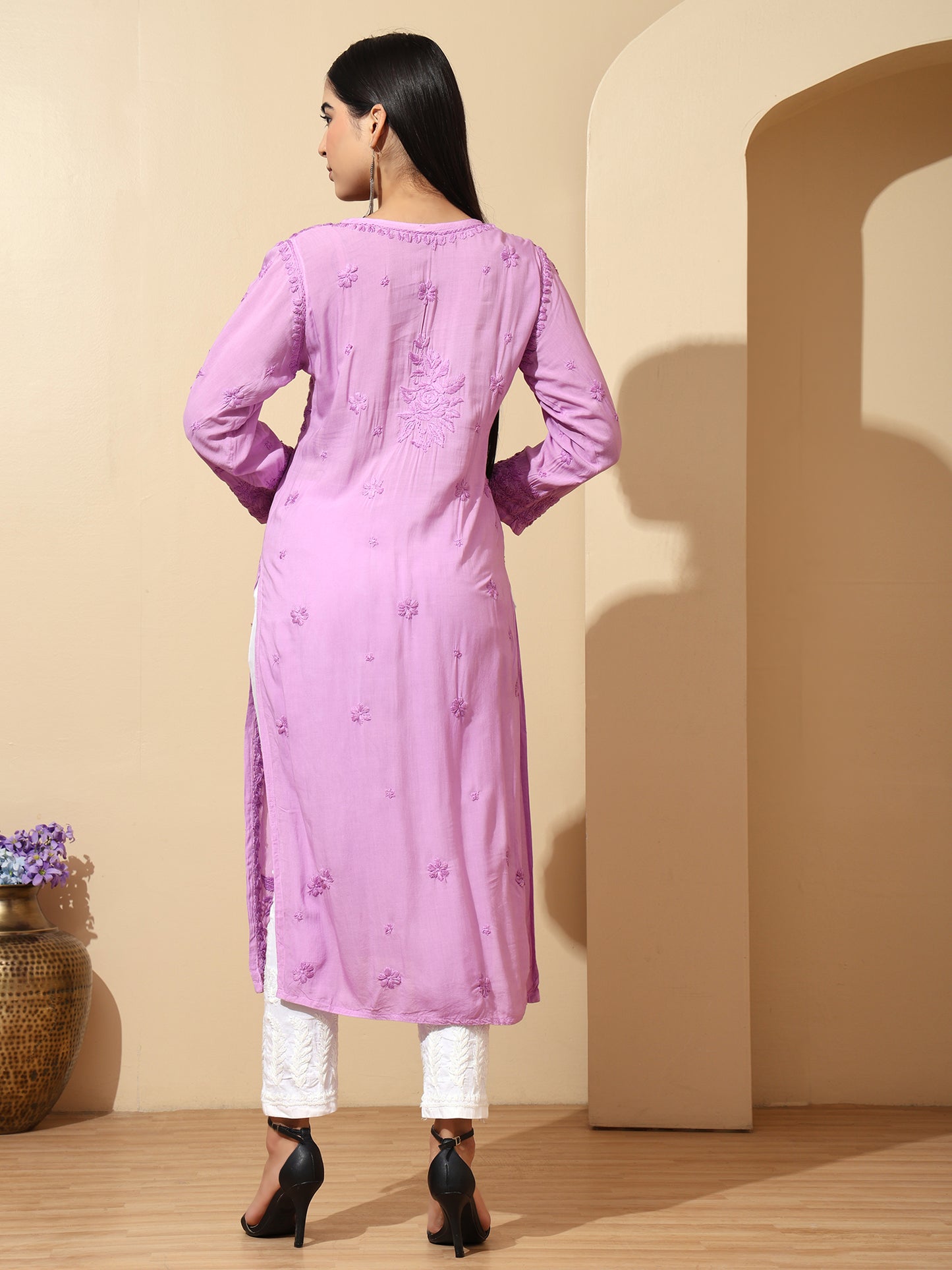 Lavender Modal Lucknowi Chikankari Kurti for Women with 3D Hand Embroidery – Long Ethnic Kurta