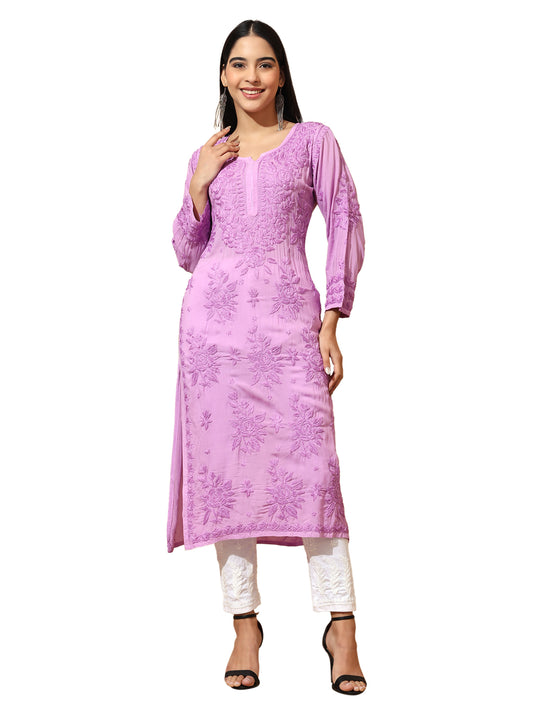 Lavender Modal Lucknowi Chikankari Kurti for Women with 3D Hand Embroidery – Long Ethnic Kurta