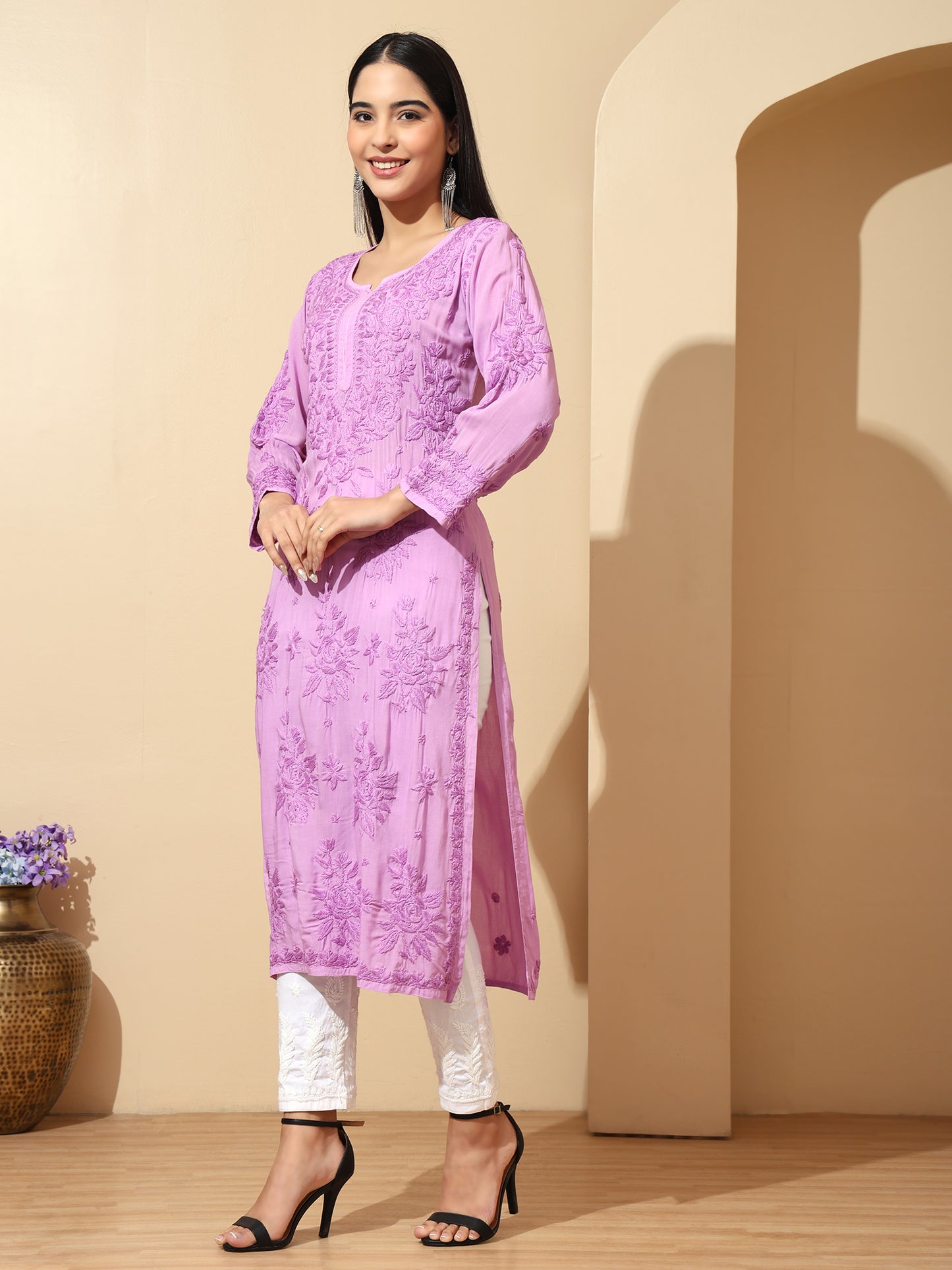 Lavender Modal Lucknowi Chikankari Kurti for Women with 3D Hand Embroidery – Long Ethnic Kurta