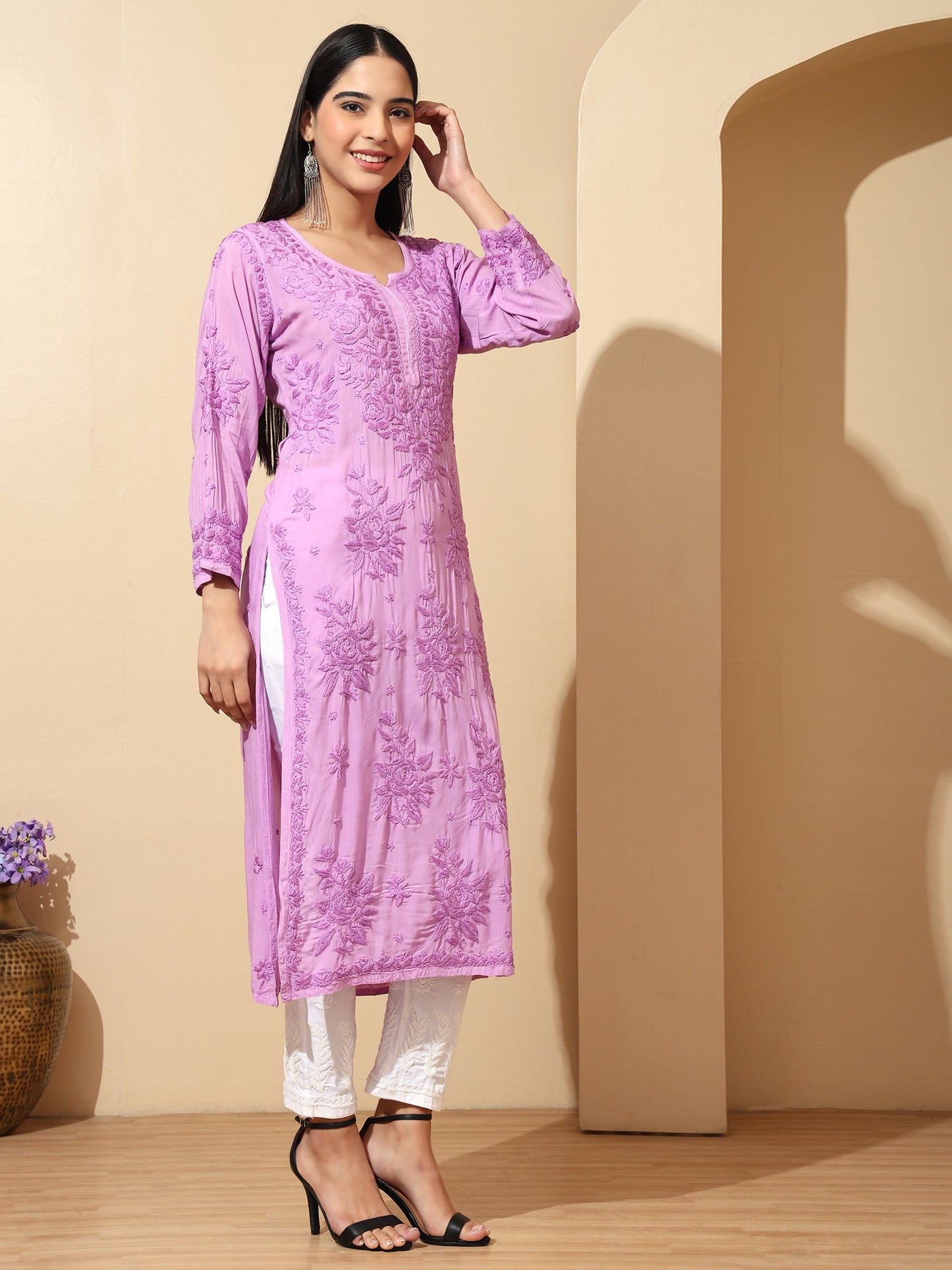 Lavender Modal Lucknowi Chikankari Kurti for Women with 3D Hand Embroidery – Long Ethnic Kurta