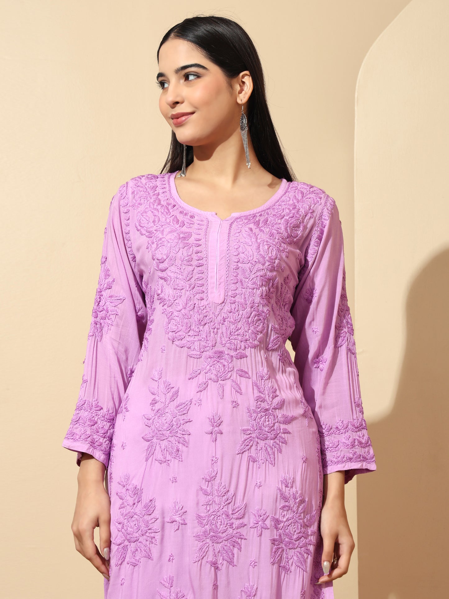 Lavender Modal Lucknowi Chikankari Kurti for Women with 3D Hand Embroidery – Long Ethnic Kurta