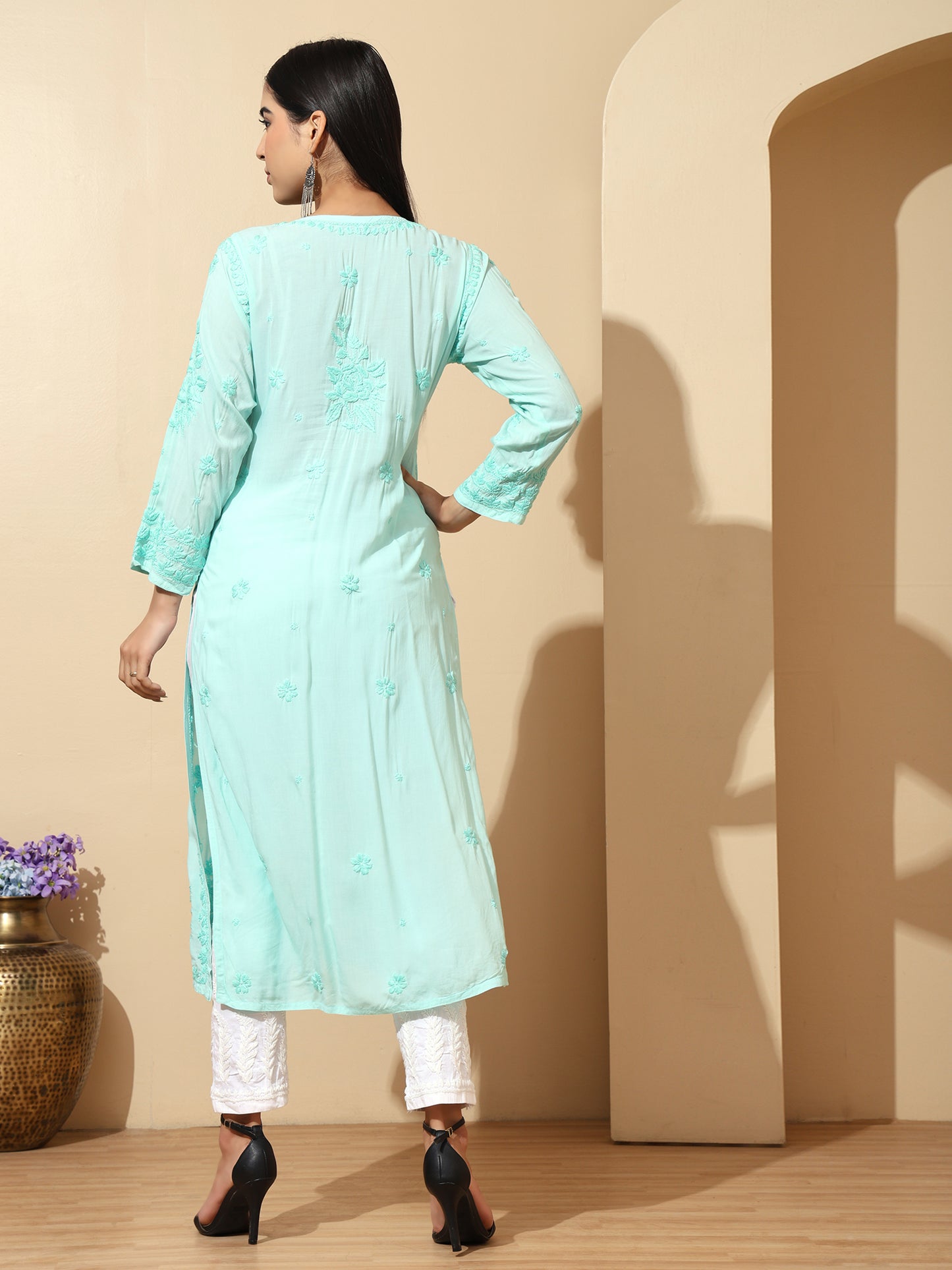 Sea Green Modal Lucknowi Chikankari Kurti for Women with 3D Hand Embroidery – Long Ethnic Kurta