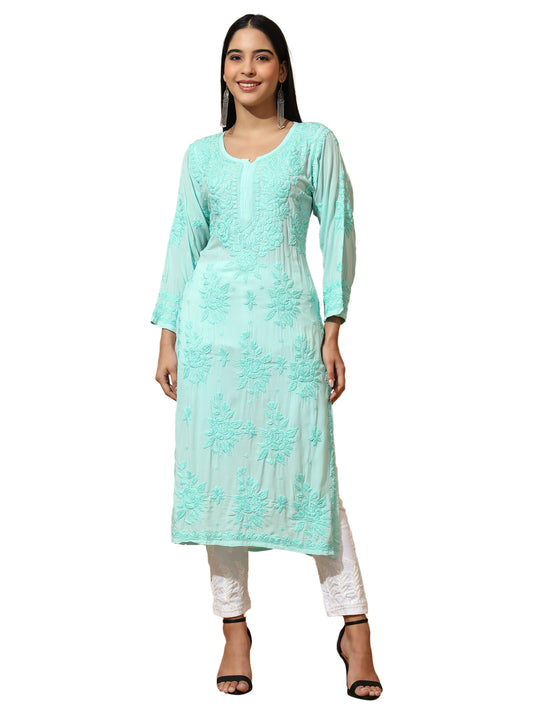 Sea Green Modal Lucknowi Chikankari Kurti for Women with 3D Hand Embroidery – Long Ethnic Kurta