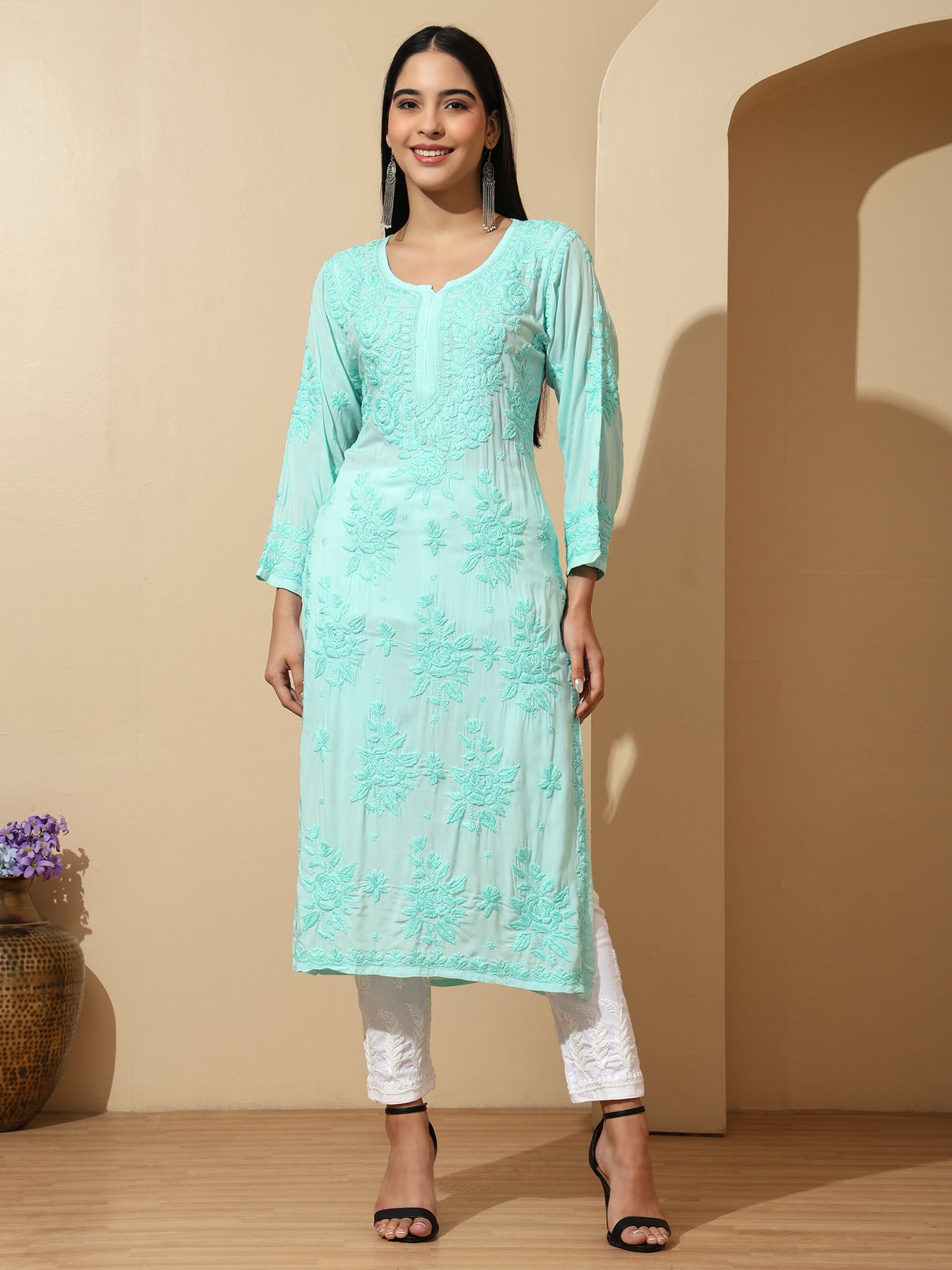 Sea Green Modal Lucknowi Chikankari Kurti for Women with 3D Hand Embroidery – Long Ethnic Kurta