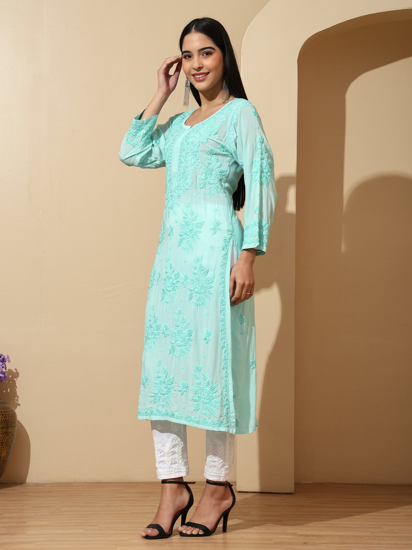 Sea Green Modal Lucknowi Chikankari Kurti for Women with 3D Hand Embroidery – Long Ethnic Kurta