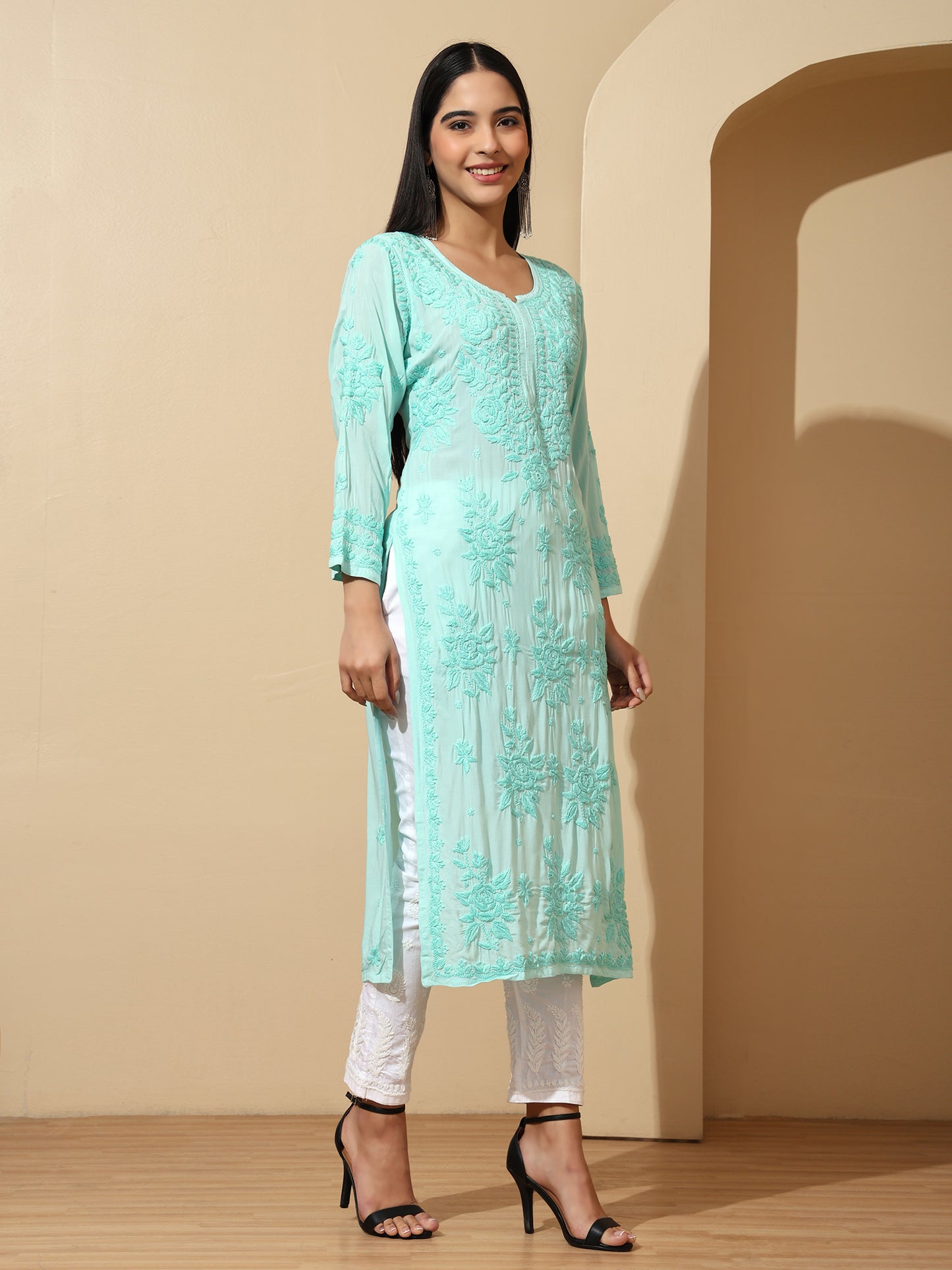 Sea Green Modal Lucknowi Chikankari Kurti for Women with 3D Hand Embroidery – Long Ethnic Kurta