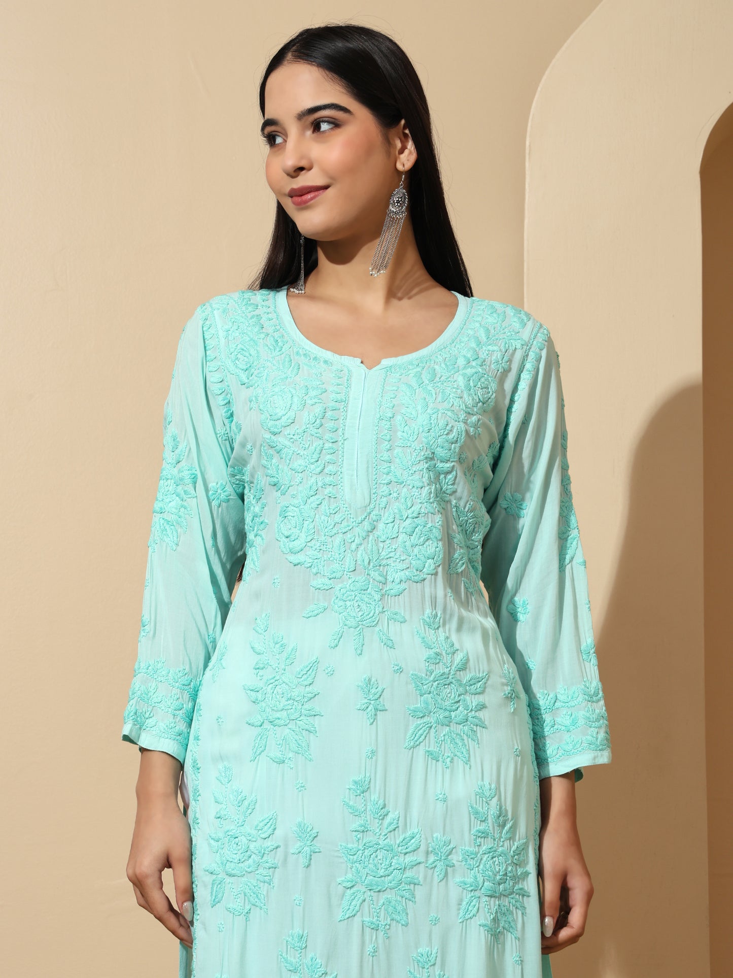 Sea Green Modal Lucknowi Chikankari Kurti for Women with 3D Hand Embroidery – Long Ethnic Kurta