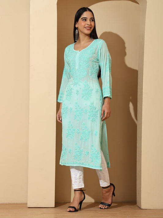 Sea Green Modal Lucknowi Chikankari Kurti for Women with 3D Hand Embroidery – Long Ethnic Kurta
