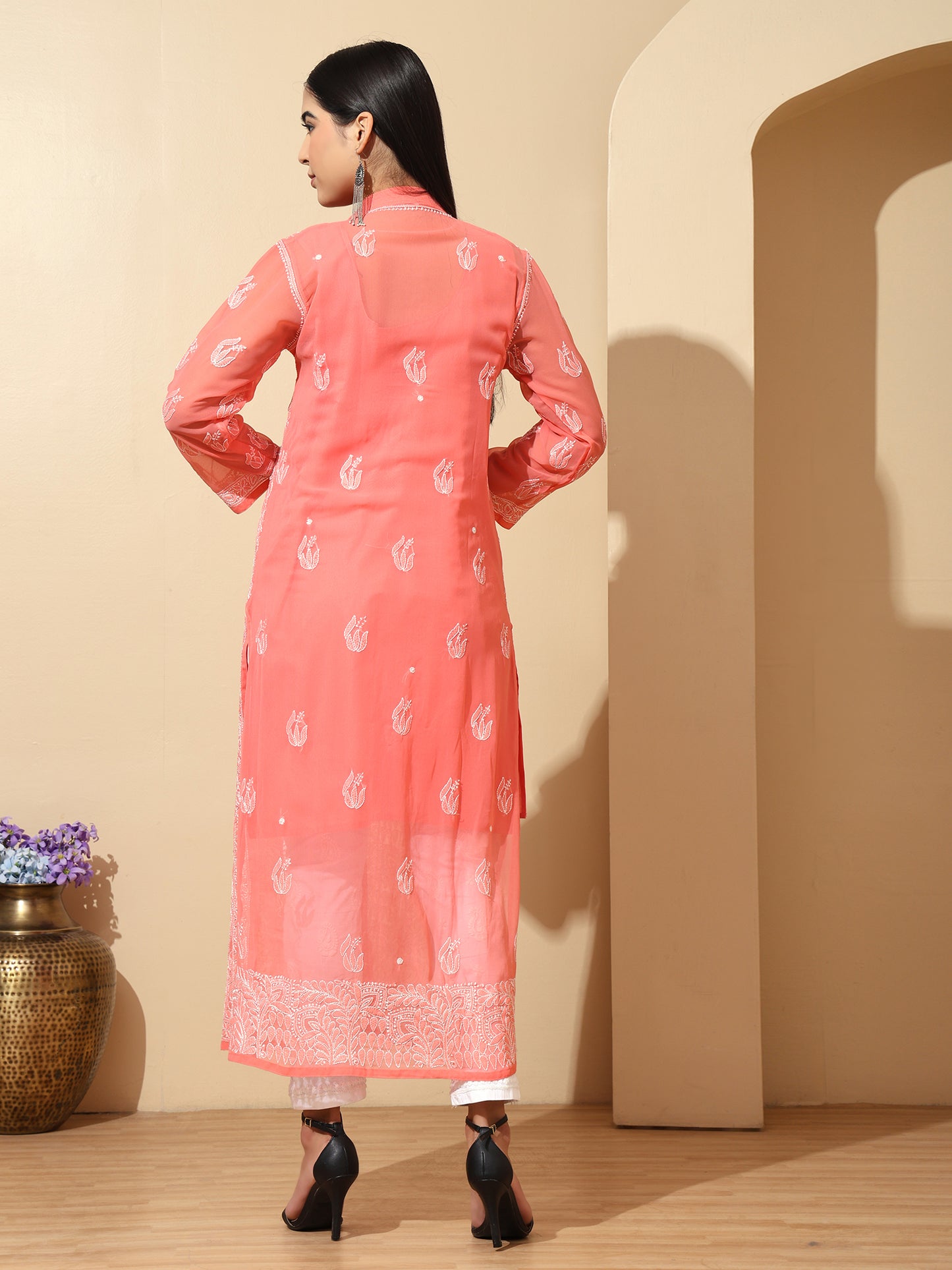 Peach Georgette Lucknowi Chikankari Long Kurta for Women with Matching Inner and Hand Embroidery – Ethnic Wear Kurti