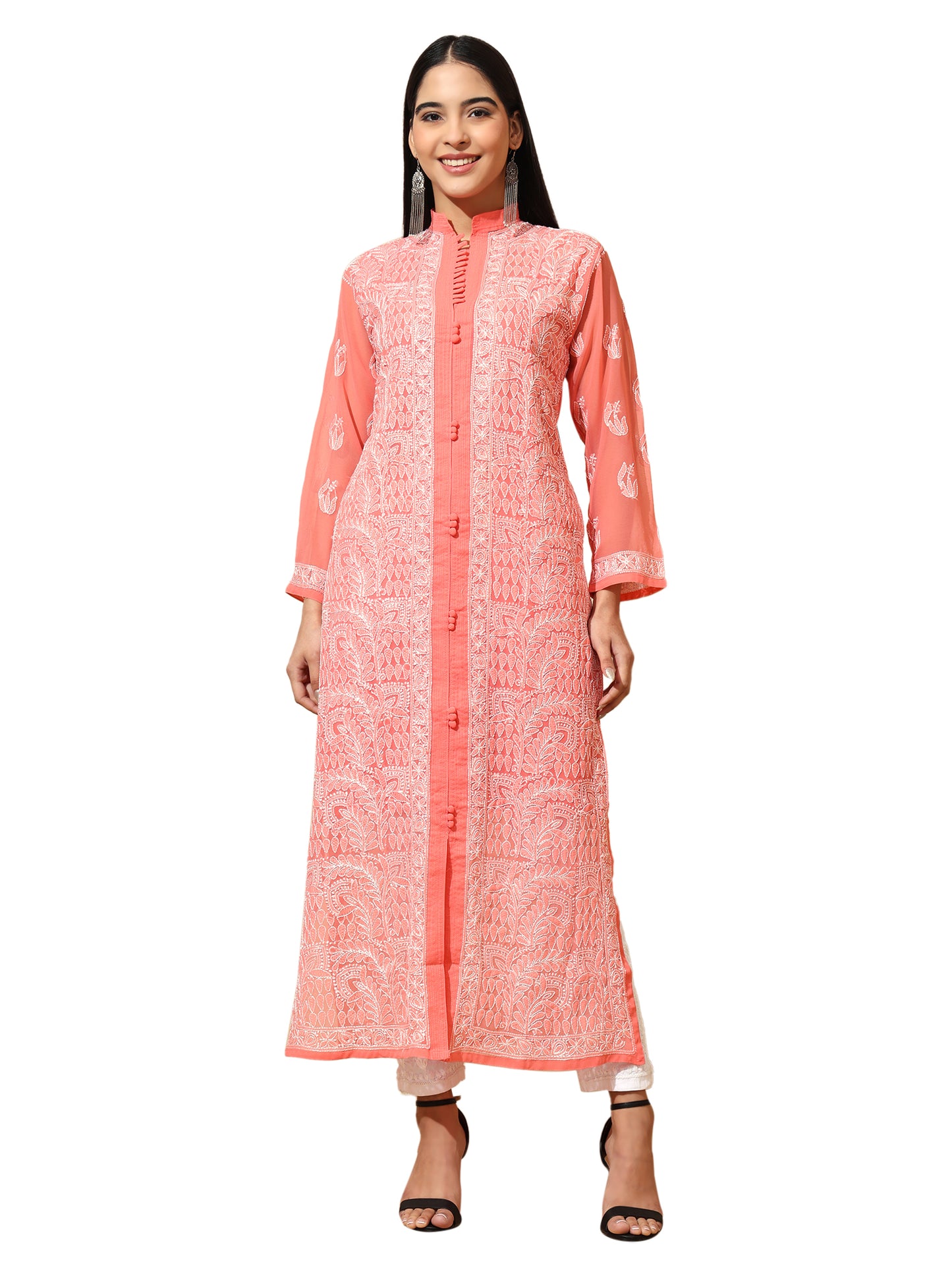 Peach Georgette Lucknowi Chikankari Long Kurta for Women with Matching Inner and Hand Embroidery – Ethnic Wear Kurti