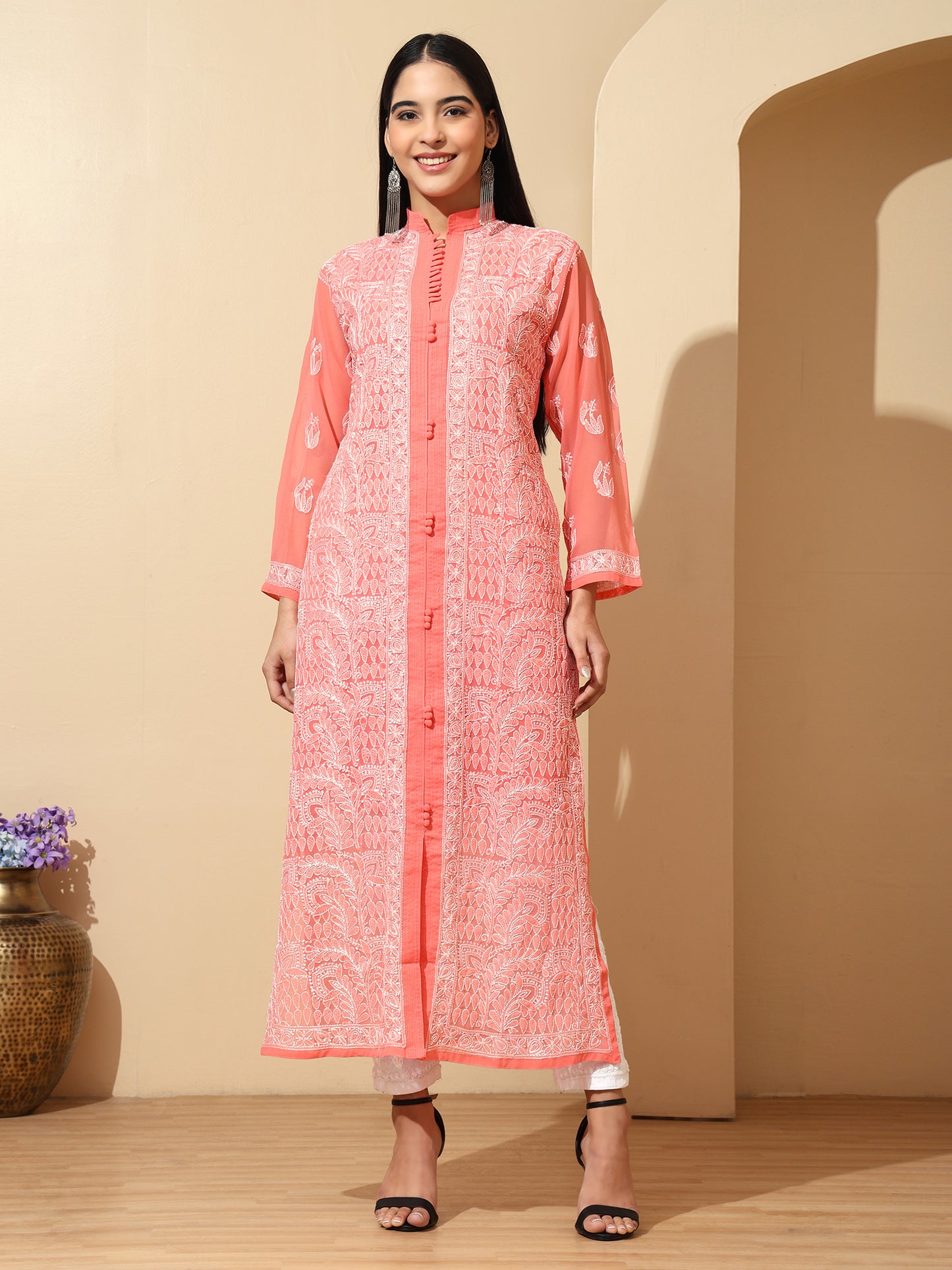 Peach Georgette Lucknowi Chikankari Long Kurta for Women with Matching Inner and Hand Embroidery – Ethnic Wear Kurti