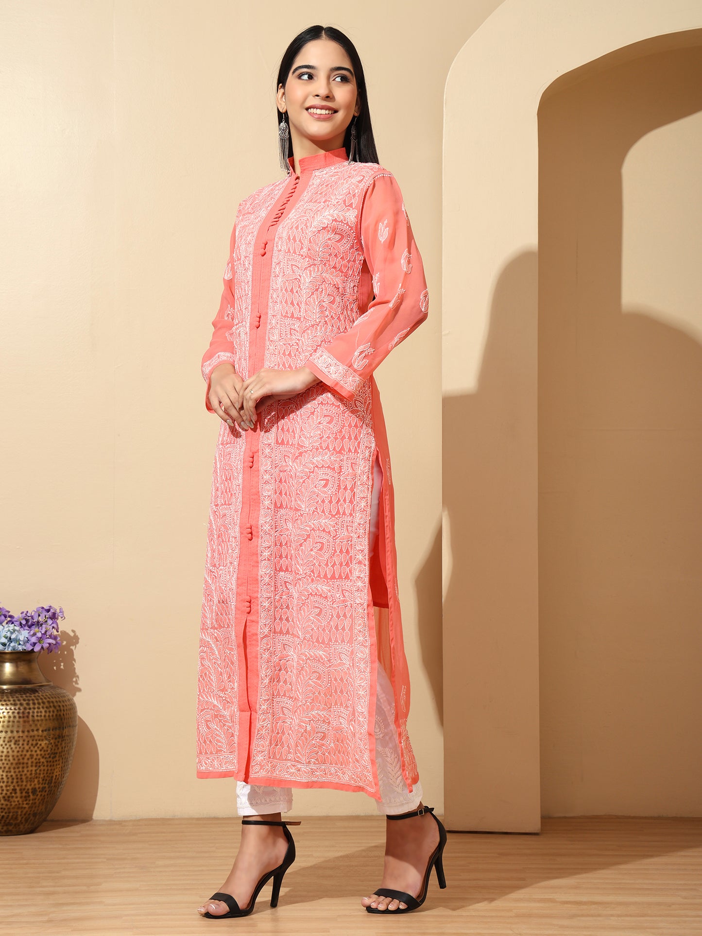 Peach Georgette Lucknowi Chikankari Long Kurta for Women with Matching Inner and Hand Embroidery – Ethnic Wear Kurti