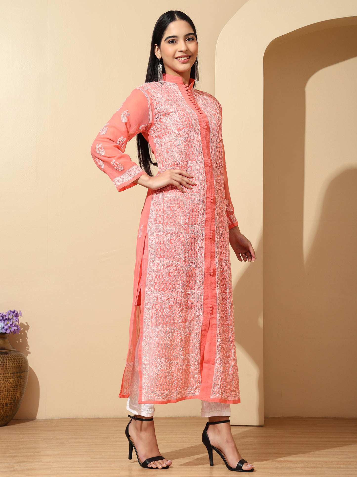 Peach Georgette Lucknowi Chikankari Long Kurta for Women with Matching Inner and Hand Embroidery – Ethnic Wear Kurti