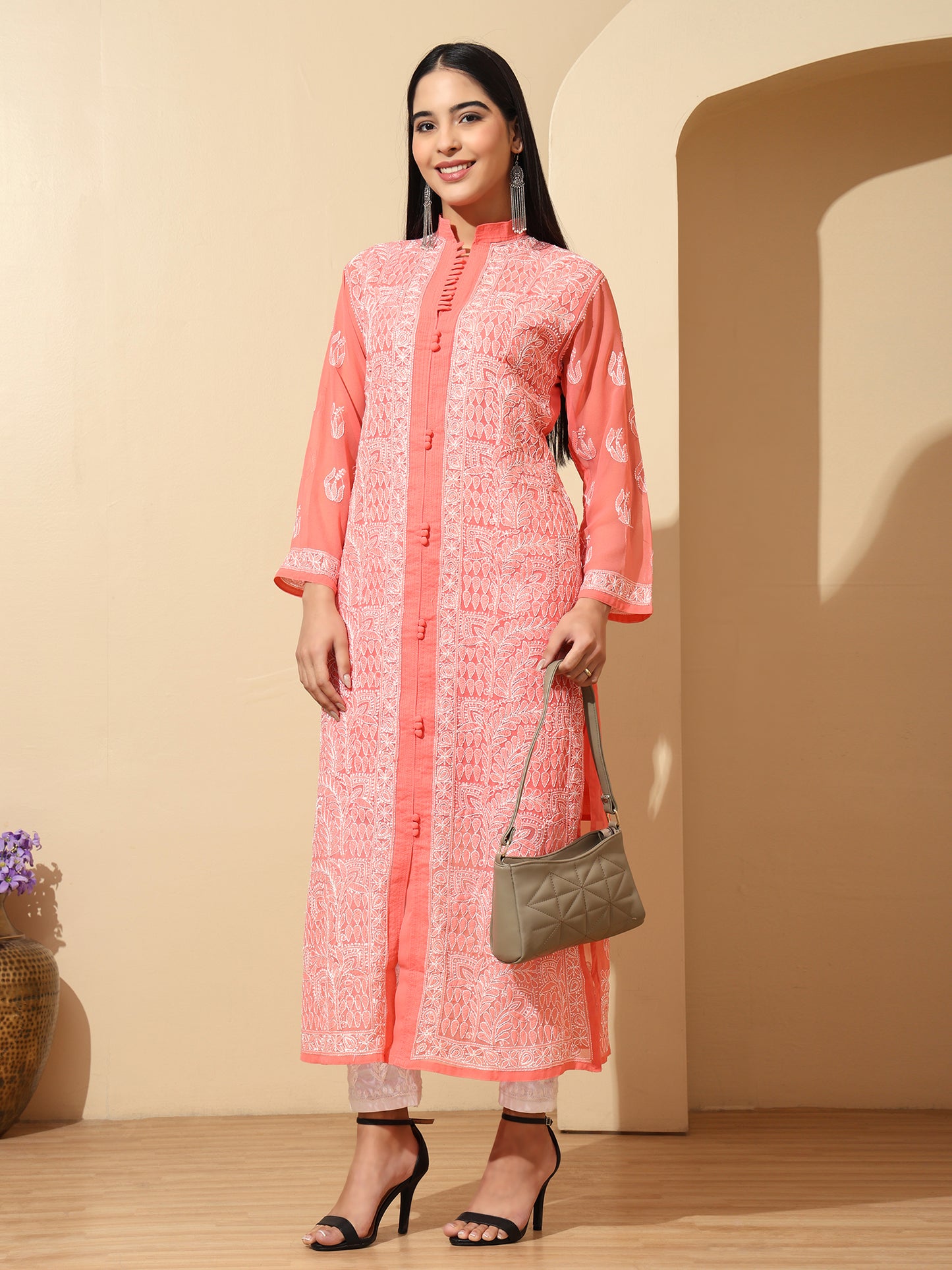 Peach Georgette Lucknowi Chikankari Long Kurta for Women with Matching Inner and Hand Embroidery – Ethnic Wear Kurti
