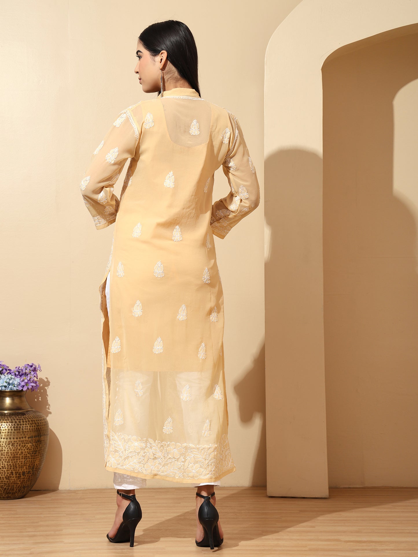 Biege Georgette Lucknowi Chikankari Long Kurta for Women with Matching Inner and Hand Embroidery – Ethnic Wear Kurti