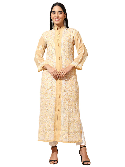 Biege Georgette Lucknowi Chikankari Long Kurta for Women with Matching Inner and Hand Embroidery – Ethnic Wear Kurti