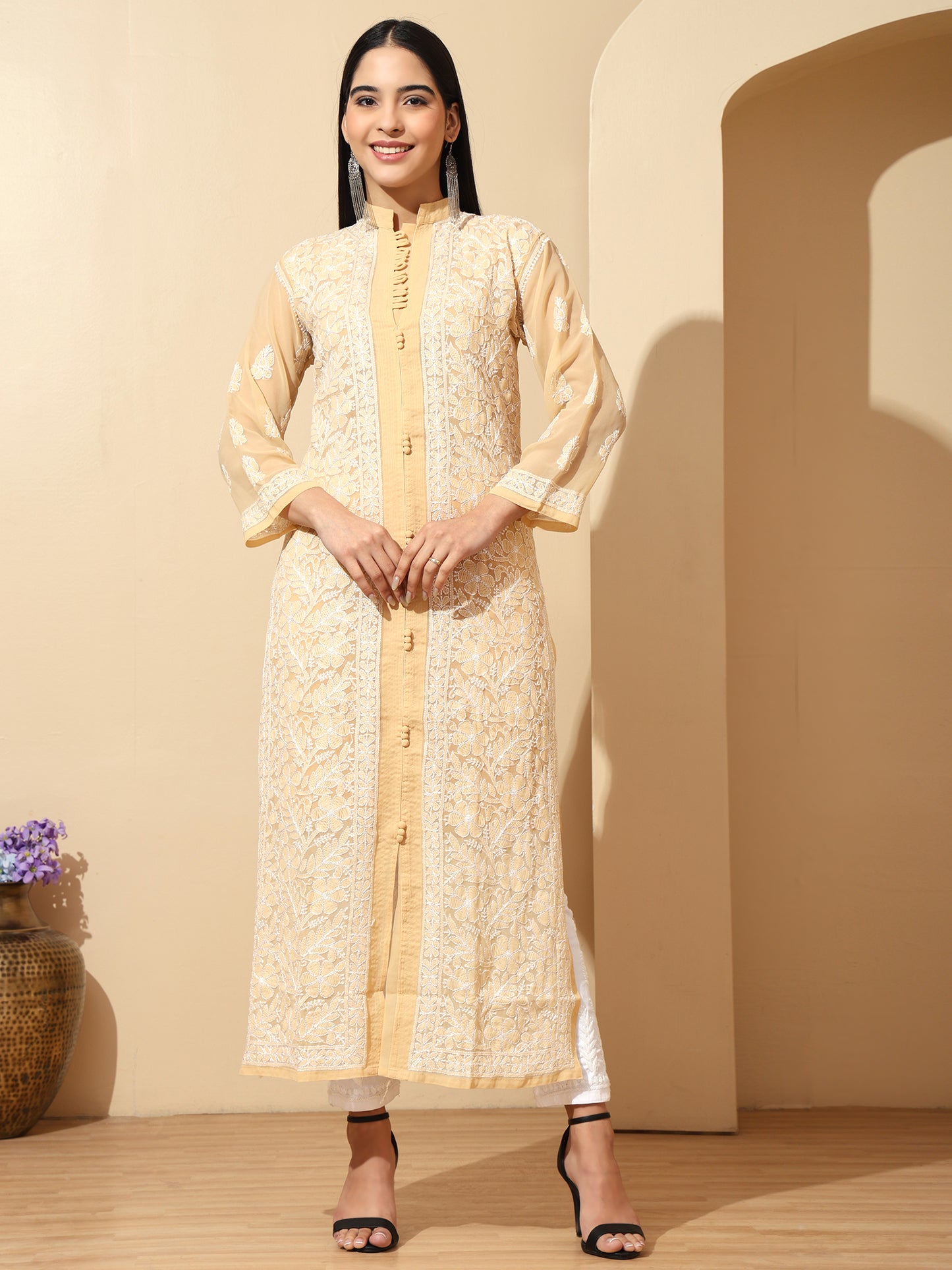 Biege Georgette Lucknowi Chikankari Long Kurta for Women with Matching Inner and Hand Embroidery – Ethnic Wear Kurti