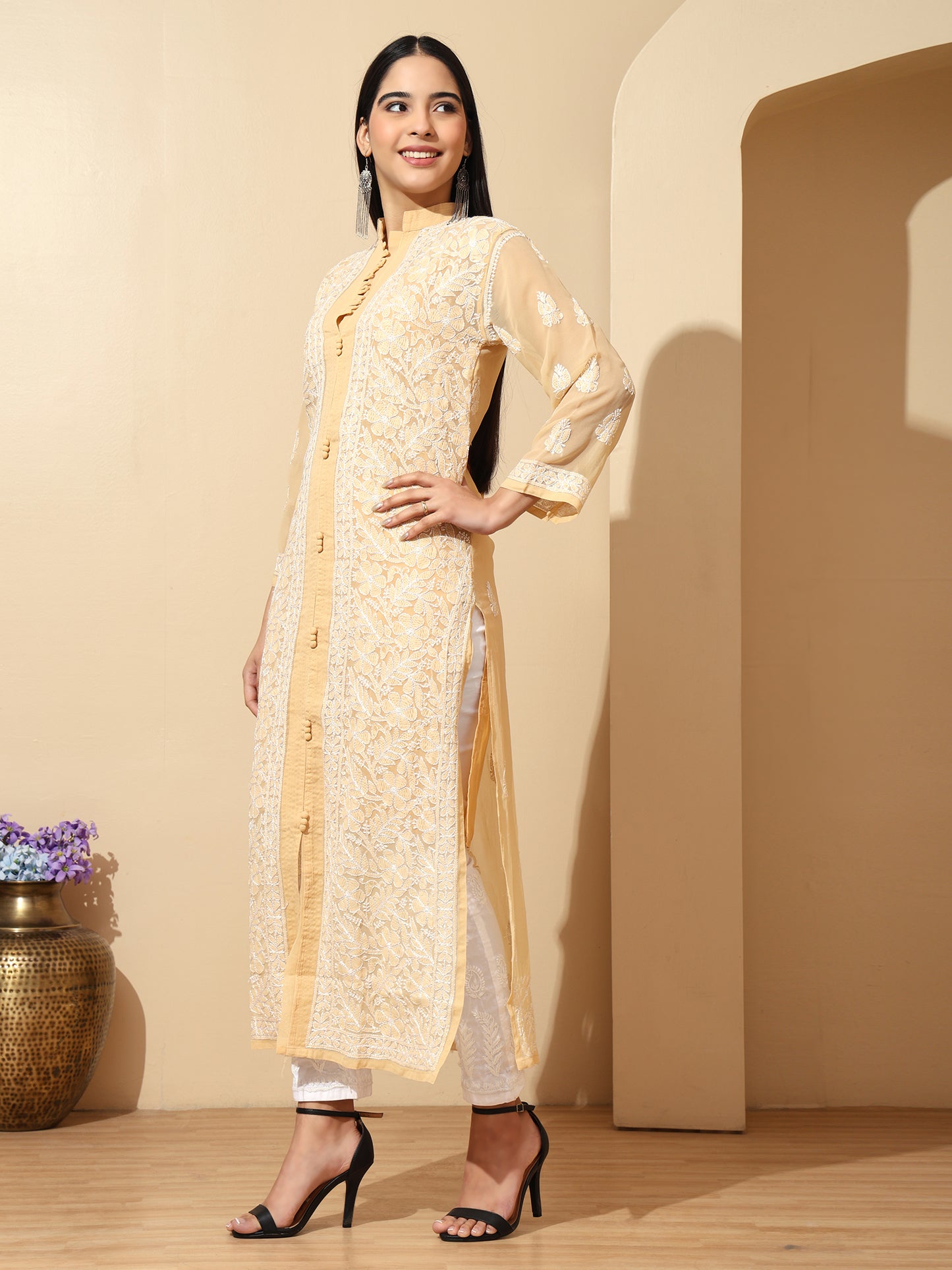 Biege Georgette Lucknowi Chikankari Long Kurta for Women with Matching Inner and Hand Embroidery – Ethnic Wear Kurti