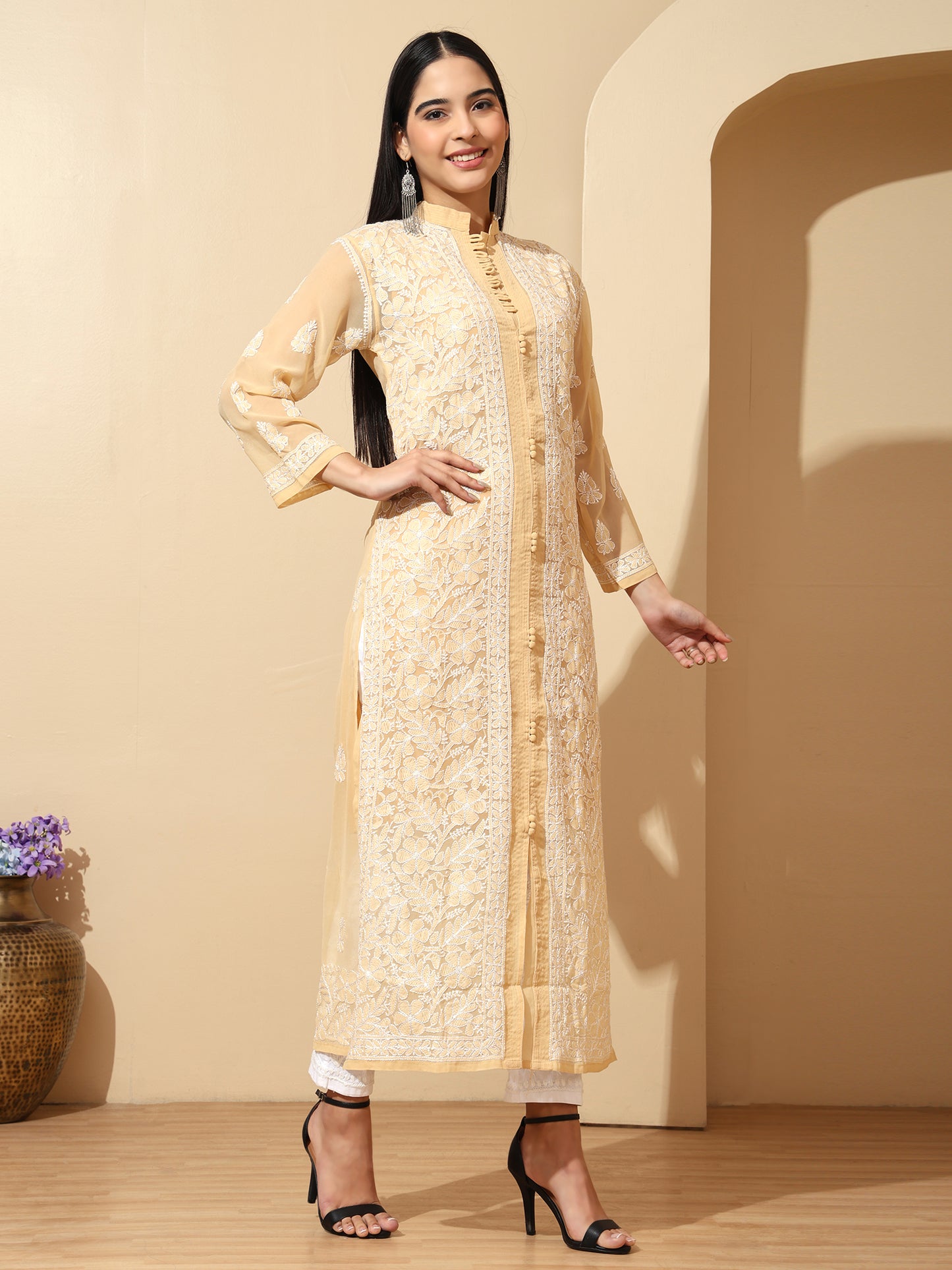 Biege Georgette Lucknowi Chikankari Long Kurta for Women with Matching Inner and Hand Embroidery – Ethnic Wear Kurti