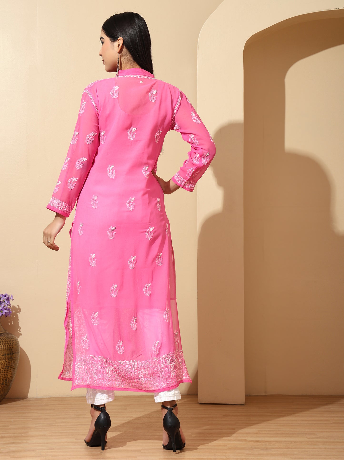 Pink Georgette Lucknowi Chikankari Long Kurta for Women with Matching Inner and Hand Embroidery – Ethnic Wear Kurti