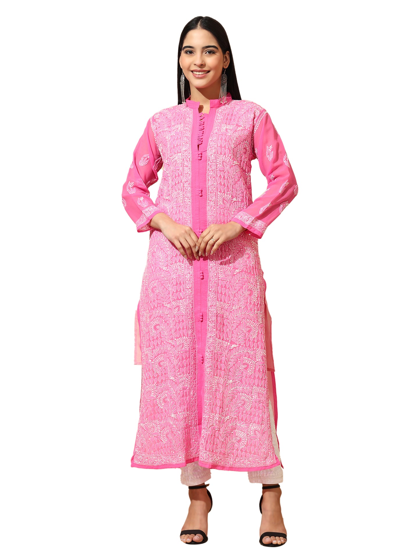 Pink Georgette Lucknowi Chikankari Long Kurta for Women with Matching Inner and Hand Embroidery – Ethnic Wear Kurti
