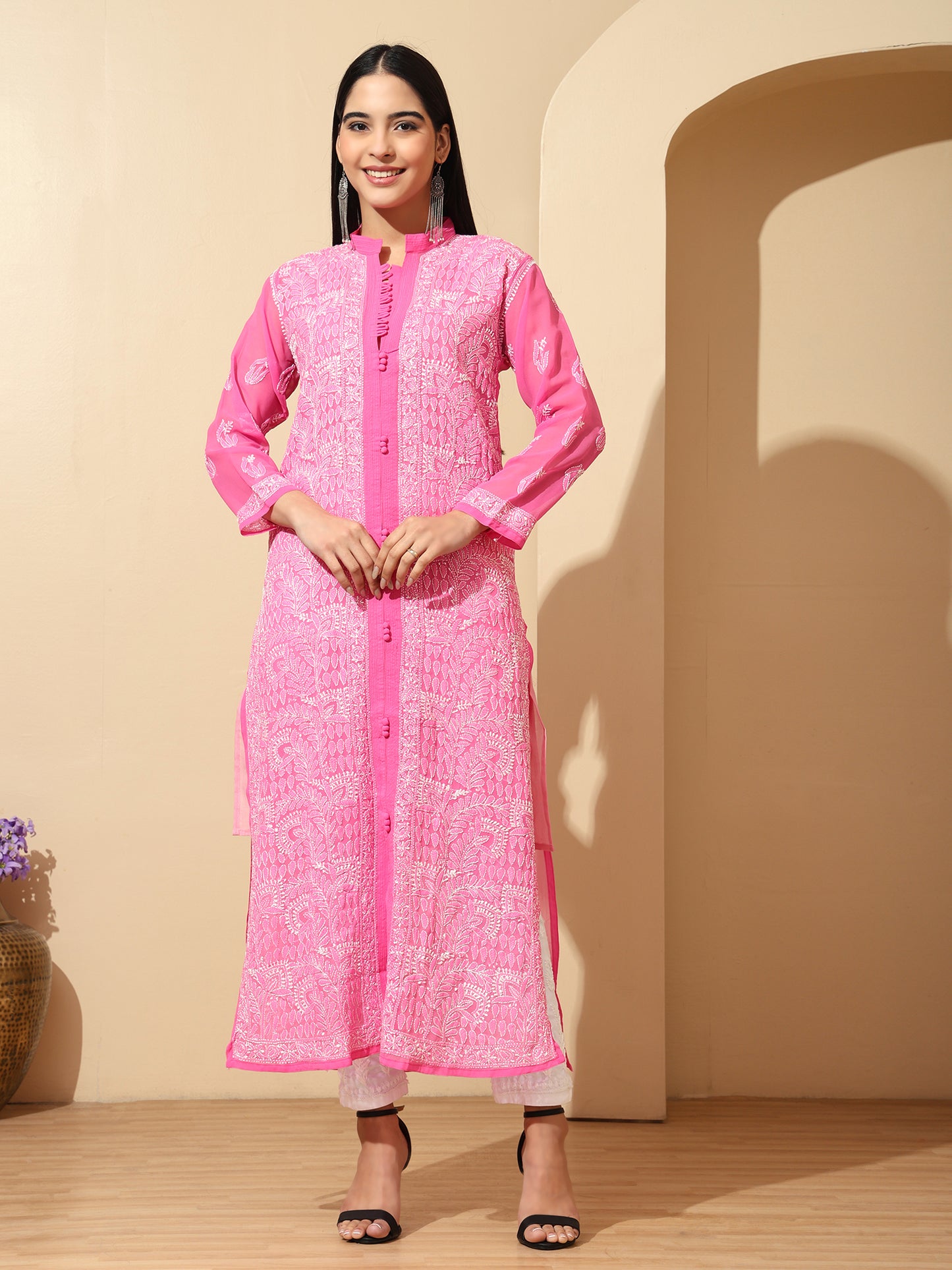 Pink Georgette Lucknowi Chikankari Long Kurta for Women with Matching Inner and Hand Embroidery – Ethnic Wear Kurti