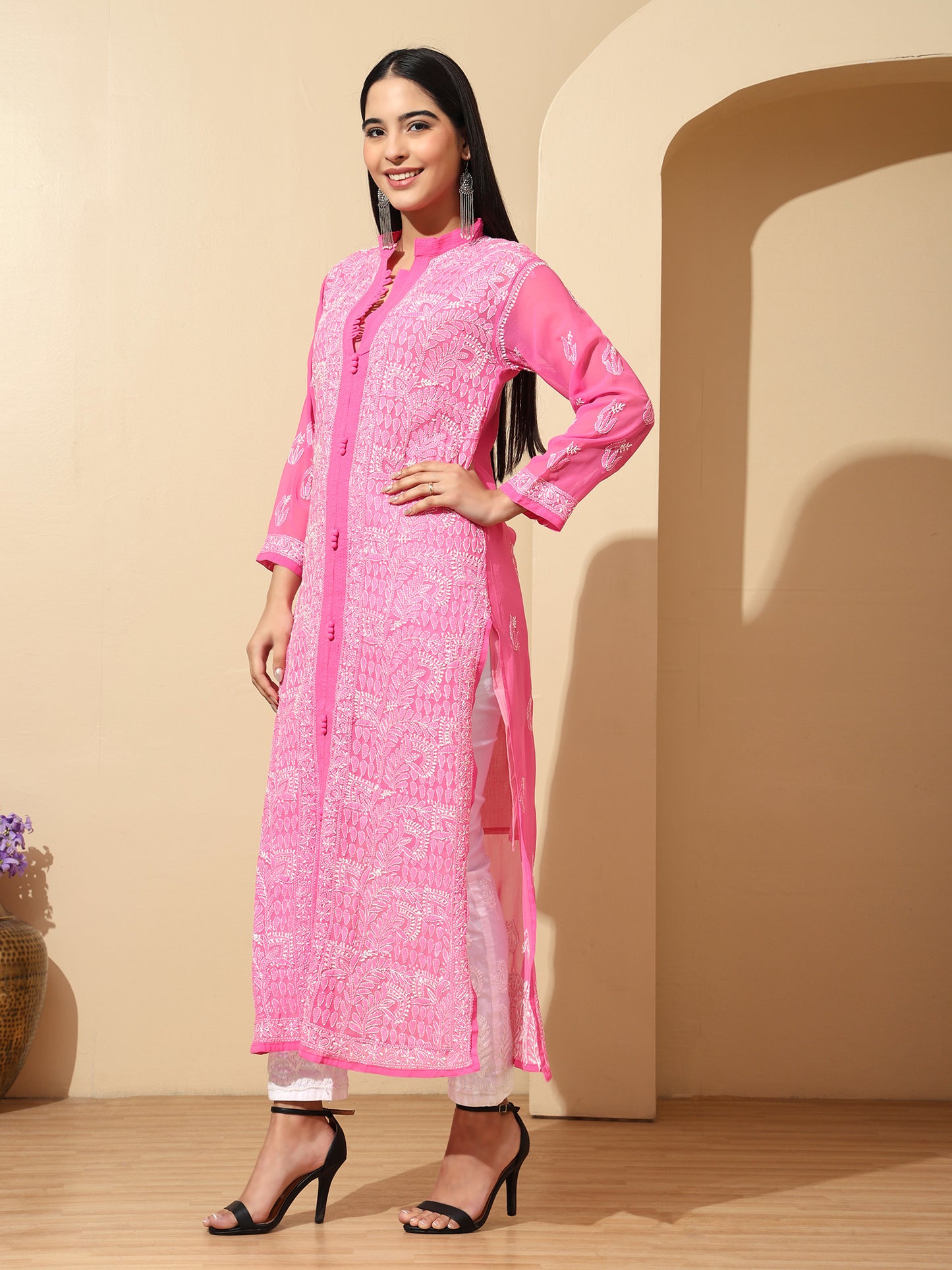Pink Georgette Lucknowi Chikankari Long Kurta for Women with Matching Inner and Hand Embroidery – Ethnic Wear Kurti