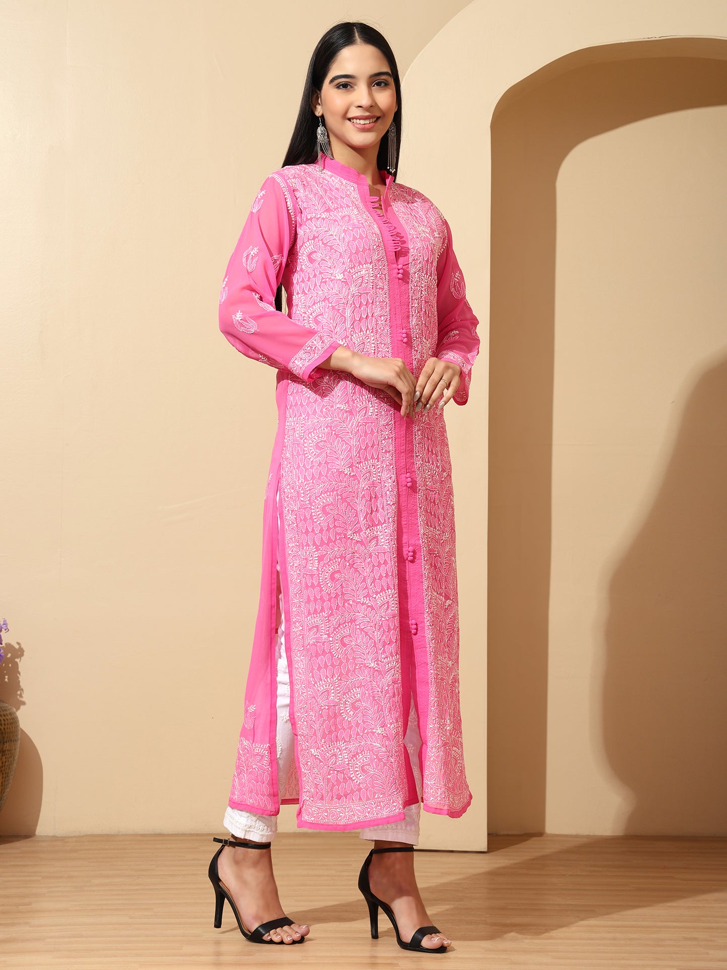 Pink Georgette Lucknowi Chikankari Long Kurta for Women with Matching Inner and Hand Embroidery – Ethnic Wear Kurti