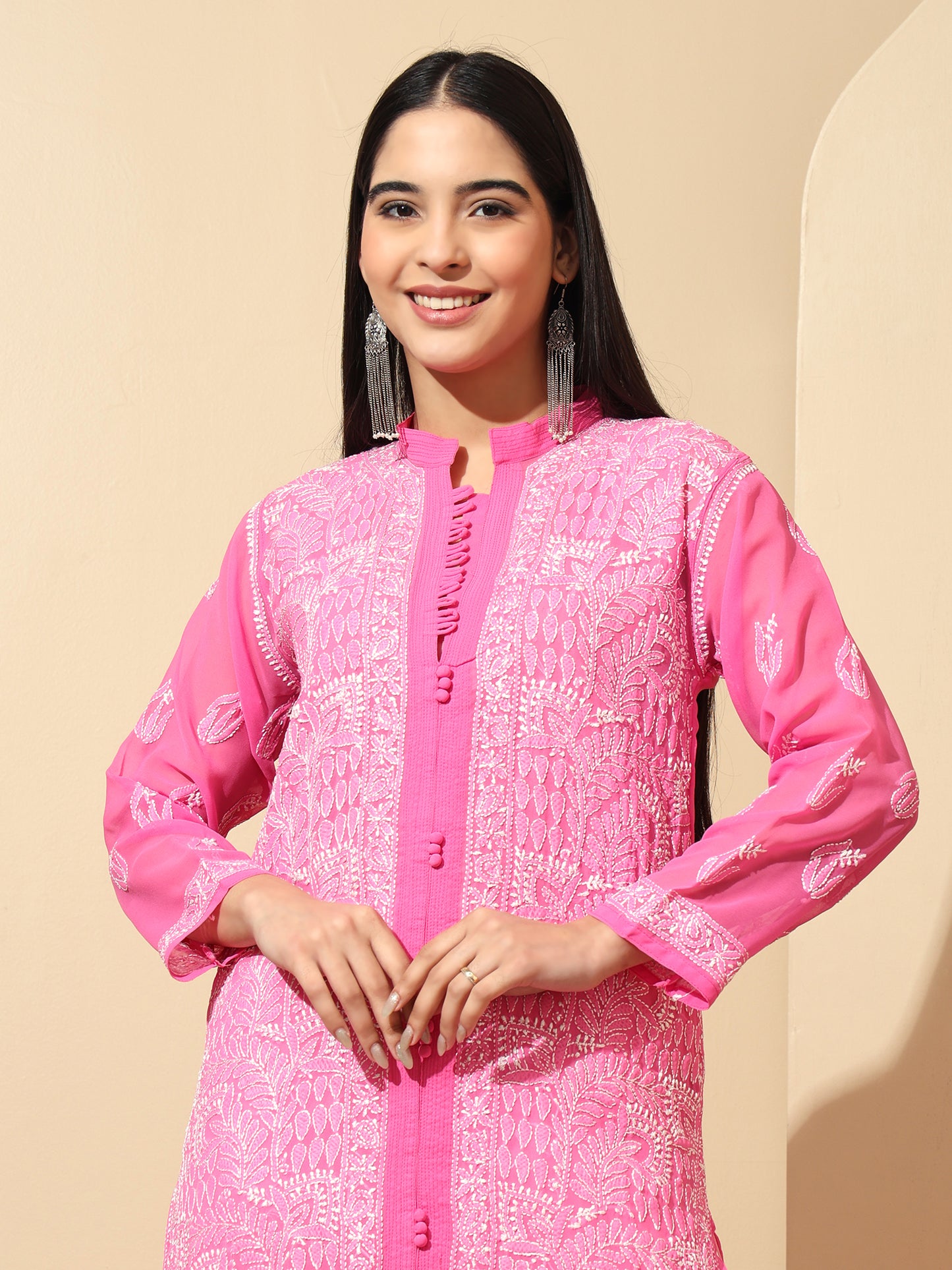 Pink Georgette Lucknowi Chikankari Long Kurta for Women with Matching Inner and Hand Embroidery – Ethnic Wear Kurti