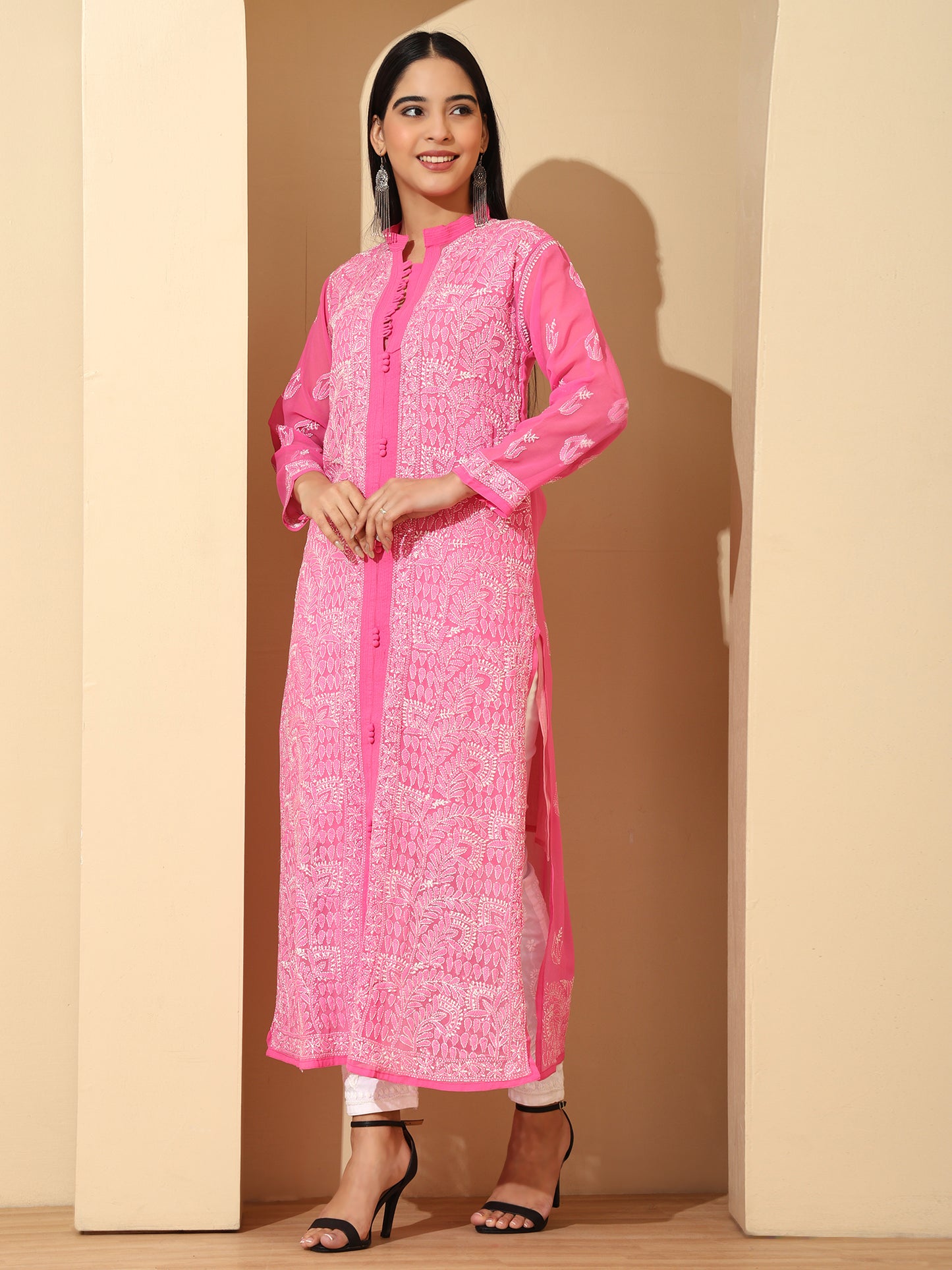 Pink Georgette Lucknowi Chikankari Long Kurta for Women with Matching Inner and Hand Embroidery – Ethnic Wear Kurti
