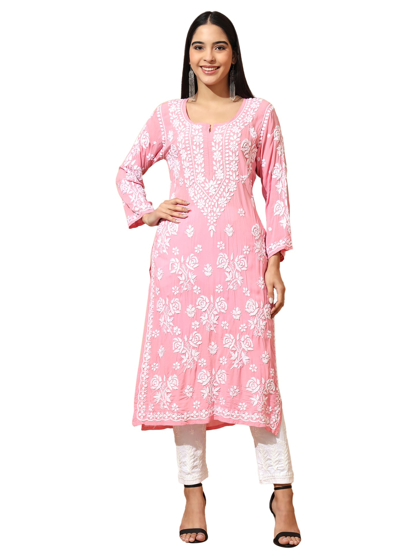 Pink Modal Lucknowi Chikankari Kurti for Women with 3D Hand Embroidery – Long Ethnic Wear Kurta