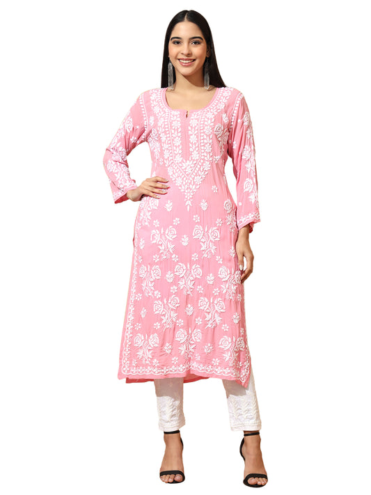 Pink Modal Lucknowi Chikankari Kurti for Women with 3D Hand Embroidery – Long Ethnic Wear Kurta