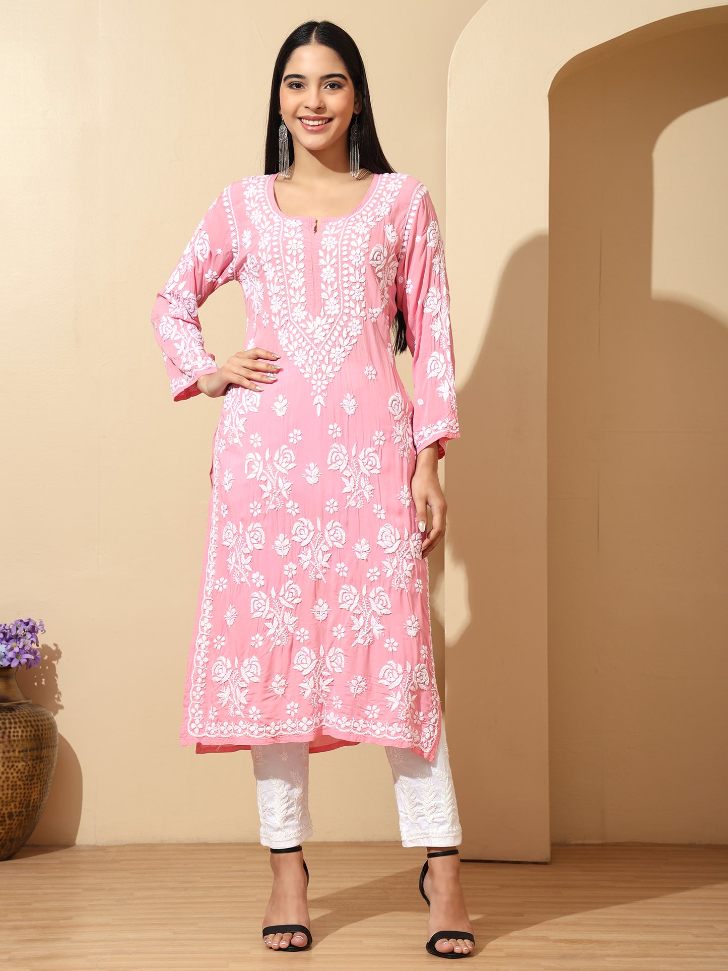 Pink Modal Lucknowi Chikankari Kurti for Women with 3D Hand Embroidery – Long Ethnic Wear Kurta
