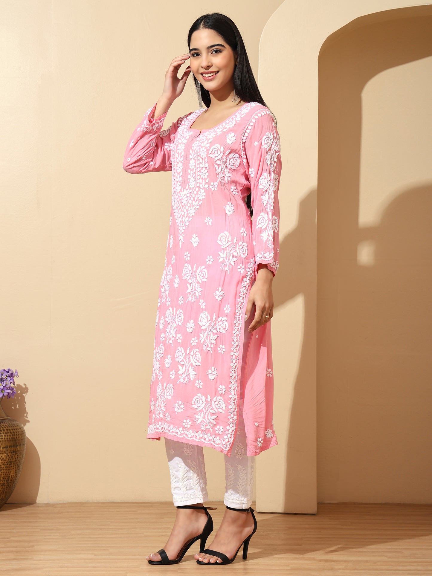 Pink Modal Lucknowi Chikankari Kurti for Women with 3D Hand Embroidery – Long Ethnic Wear Kurta