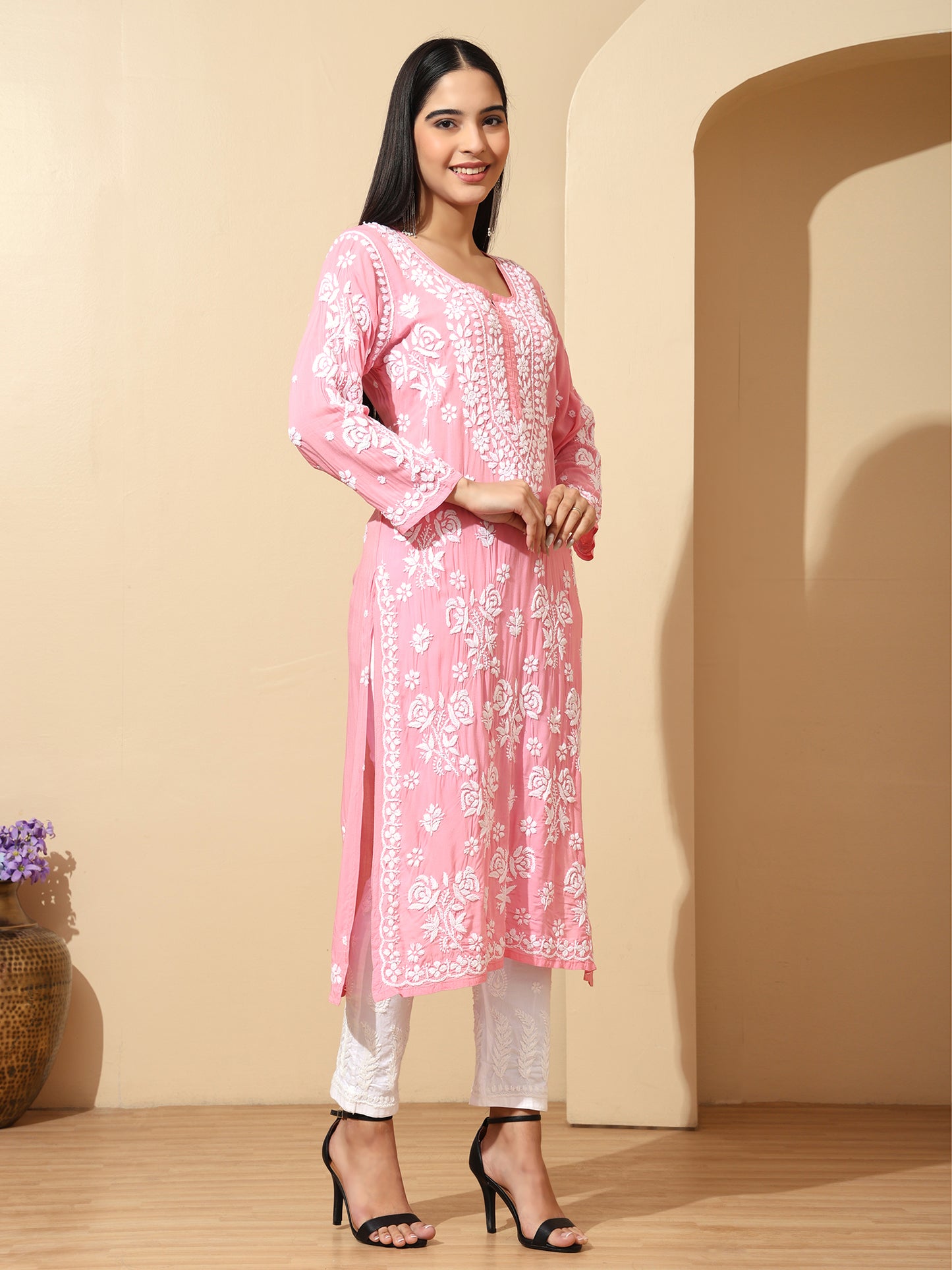 Pink Modal Lucknowi Chikankari Kurti for Women with 3D Hand Embroidery – Long Ethnic Wear Kurta