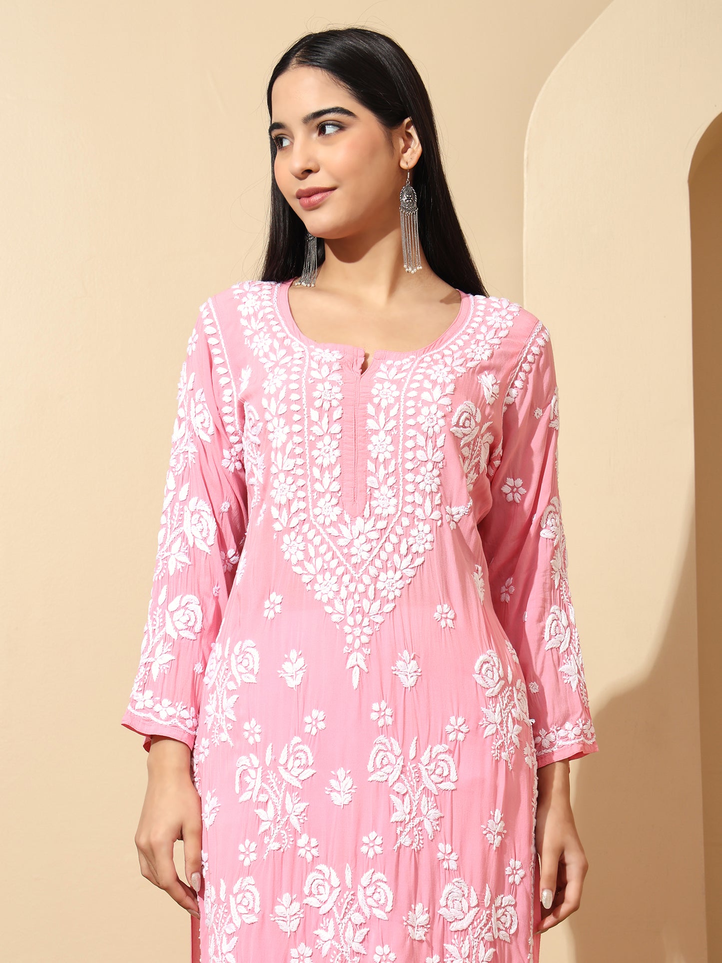 Pink Modal Lucknowi Chikankari Kurti for Women with 3D Hand Embroidery – Long Ethnic Wear Kurta