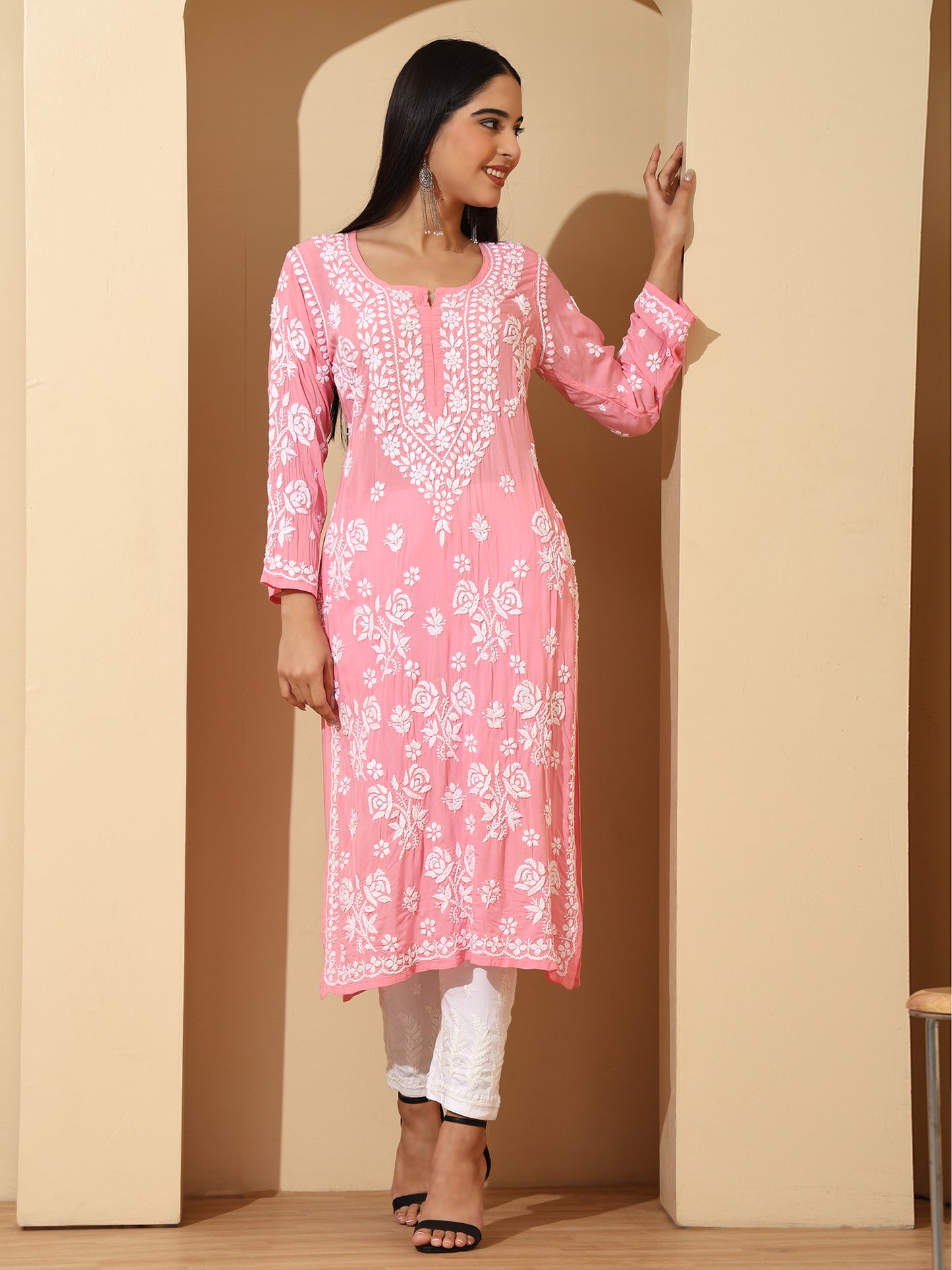 Pink Modal Lucknowi Chikankari Kurti for Women with 3D Hand Embroidery – Long Ethnic Wear Kurta