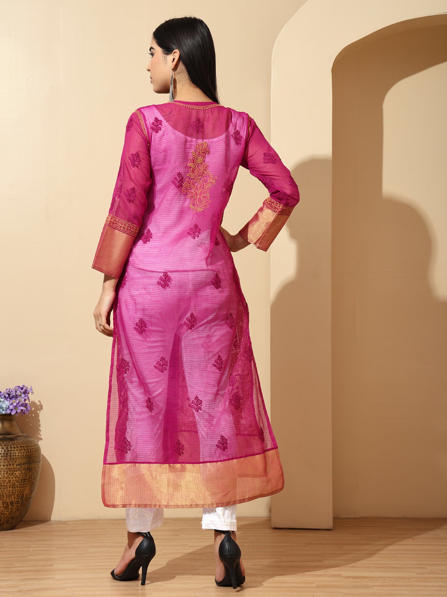 Rani Kota Chanderi Lucknowi Chikankari Long Kurta for Women with Hand Embroidery – Handmade Ethnic Wear Kurti