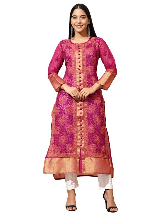 Rani Kota Chanderi Lucknowi Chikankari Long Kurta for Women with Hand Embroidery – Handmade Ethnic Wear Kurti