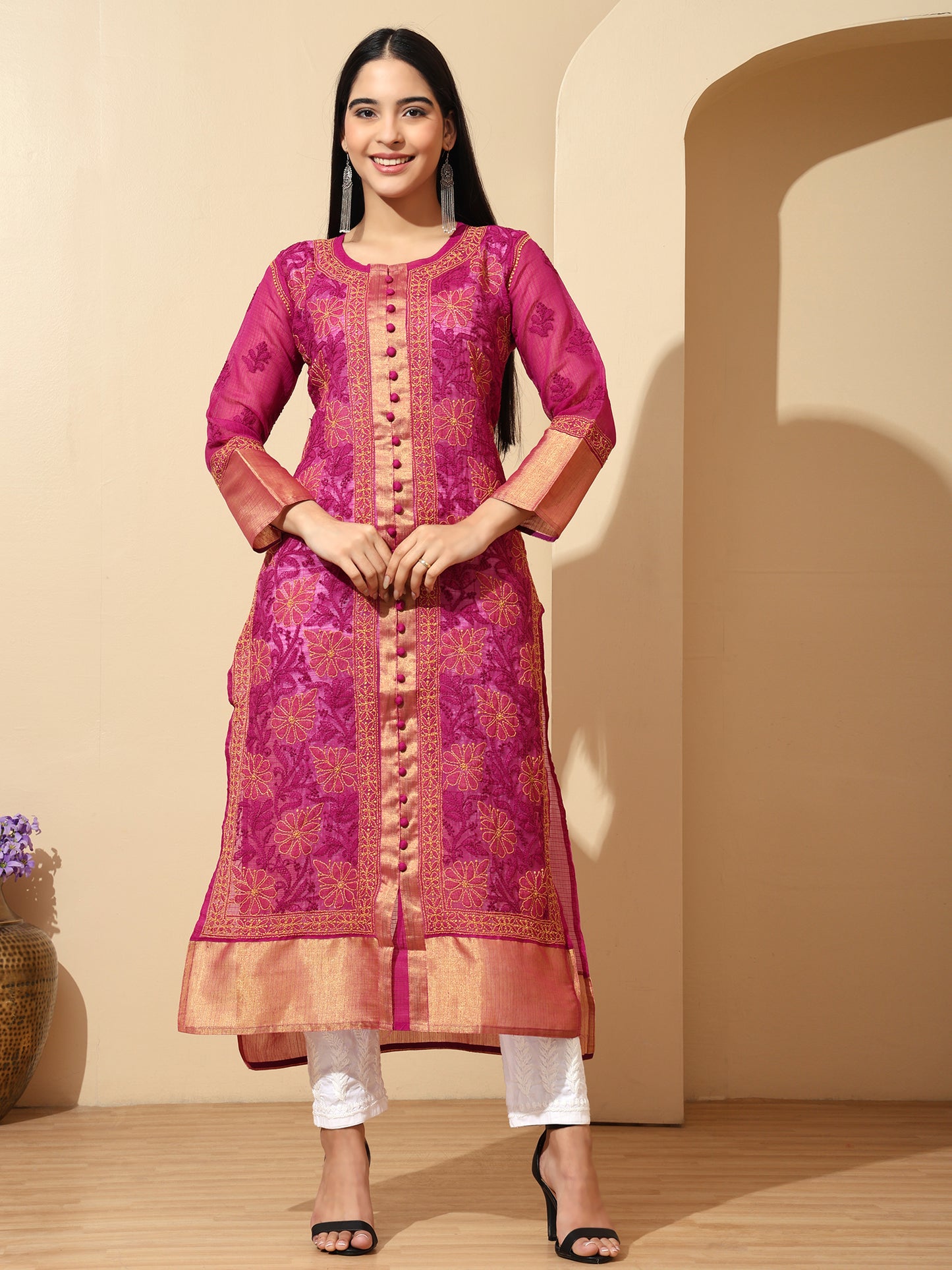 Rani Kota Chanderi Lucknowi Chikankari Long Kurta for Women with Hand Embroidery – Handmade Ethnic Wear Kurti
