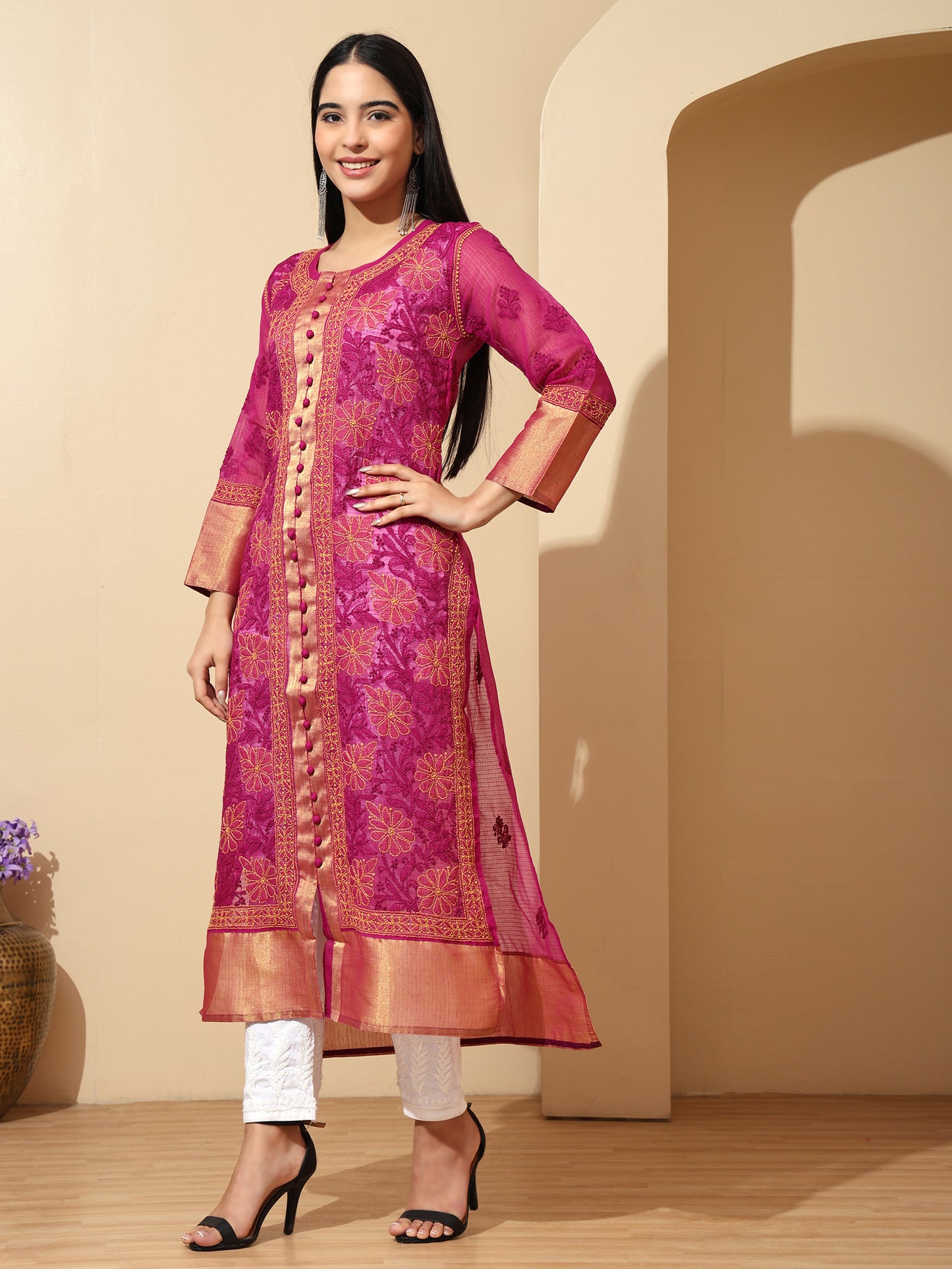 Rani Kota Chanderi Lucknowi Chikankari Long Kurta for Women with Hand Embroidery – Handmade Ethnic Wear Kurti