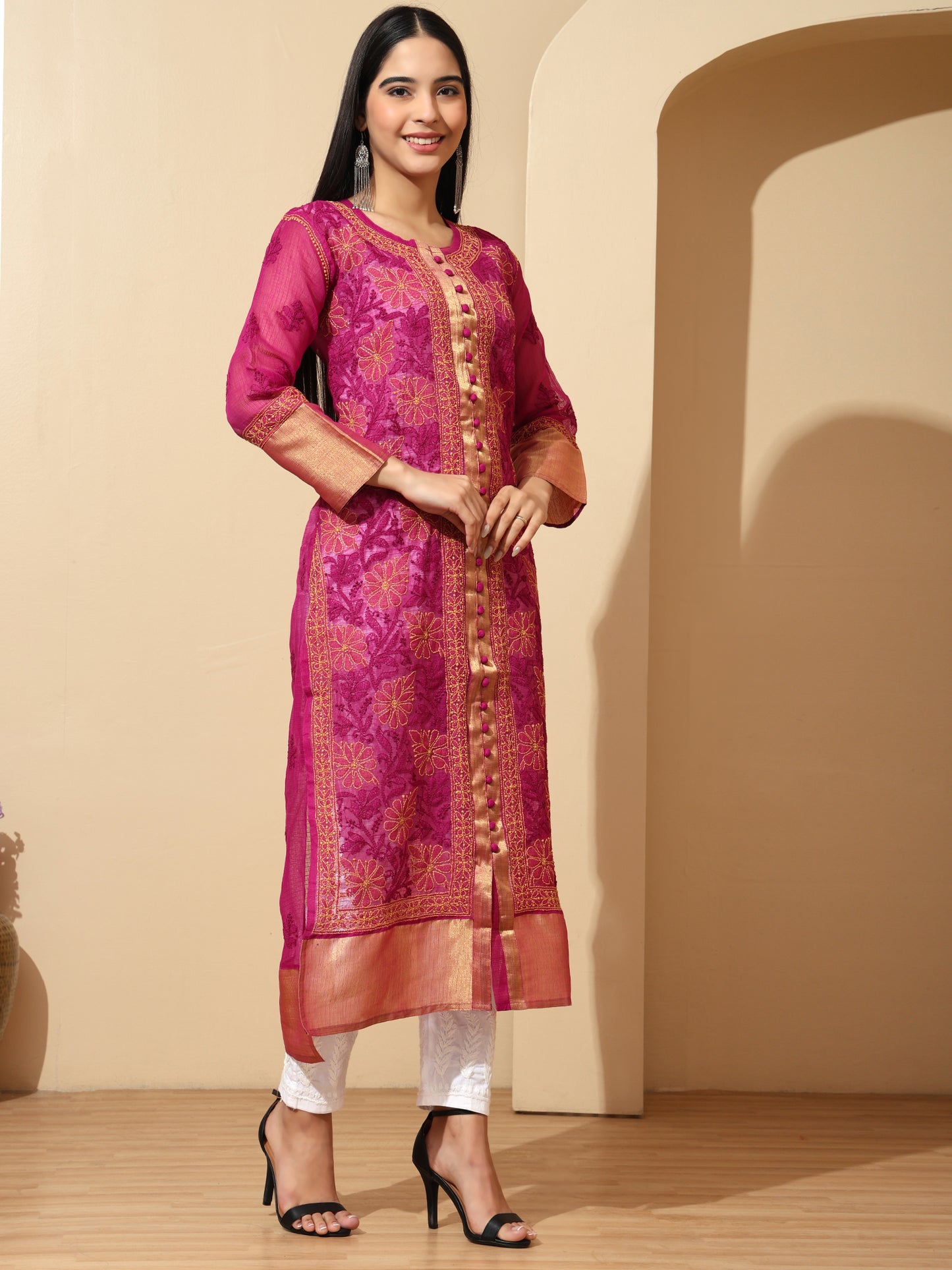 Rani Kota Chanderi Lucknowi Chikankari Long Kurta for Women with Hand Embroidery – Handmade Ethnic Wear Kurti