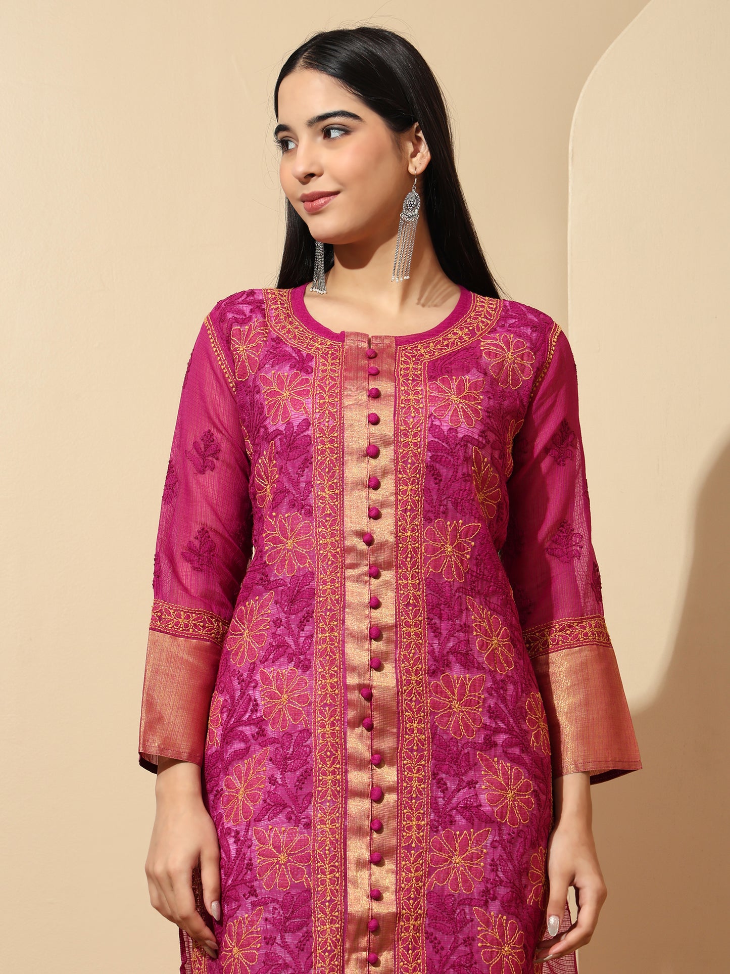 Rani Kota Chanderi Lucknowi Chikankari Long Kurta for Women with Hand Embroidery – Handmade Ethnic Wear Kurti
