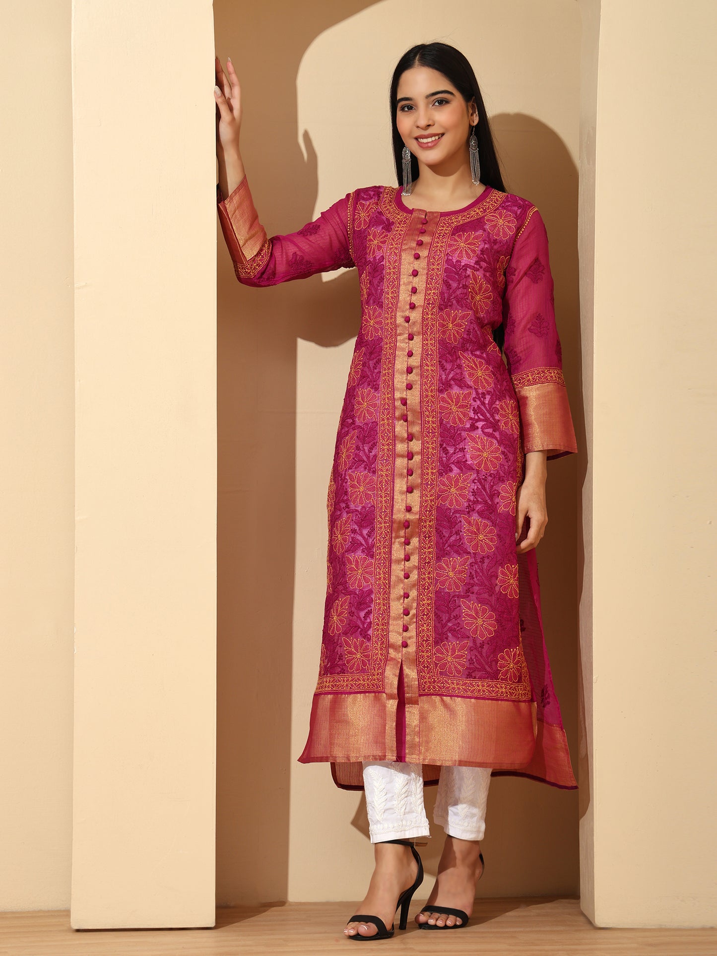 Rani Kota Chanderi Lucknowi Chikankari Long Kurta for Women with Hand Embroidery – Handmade Ethnic Wear Kurti