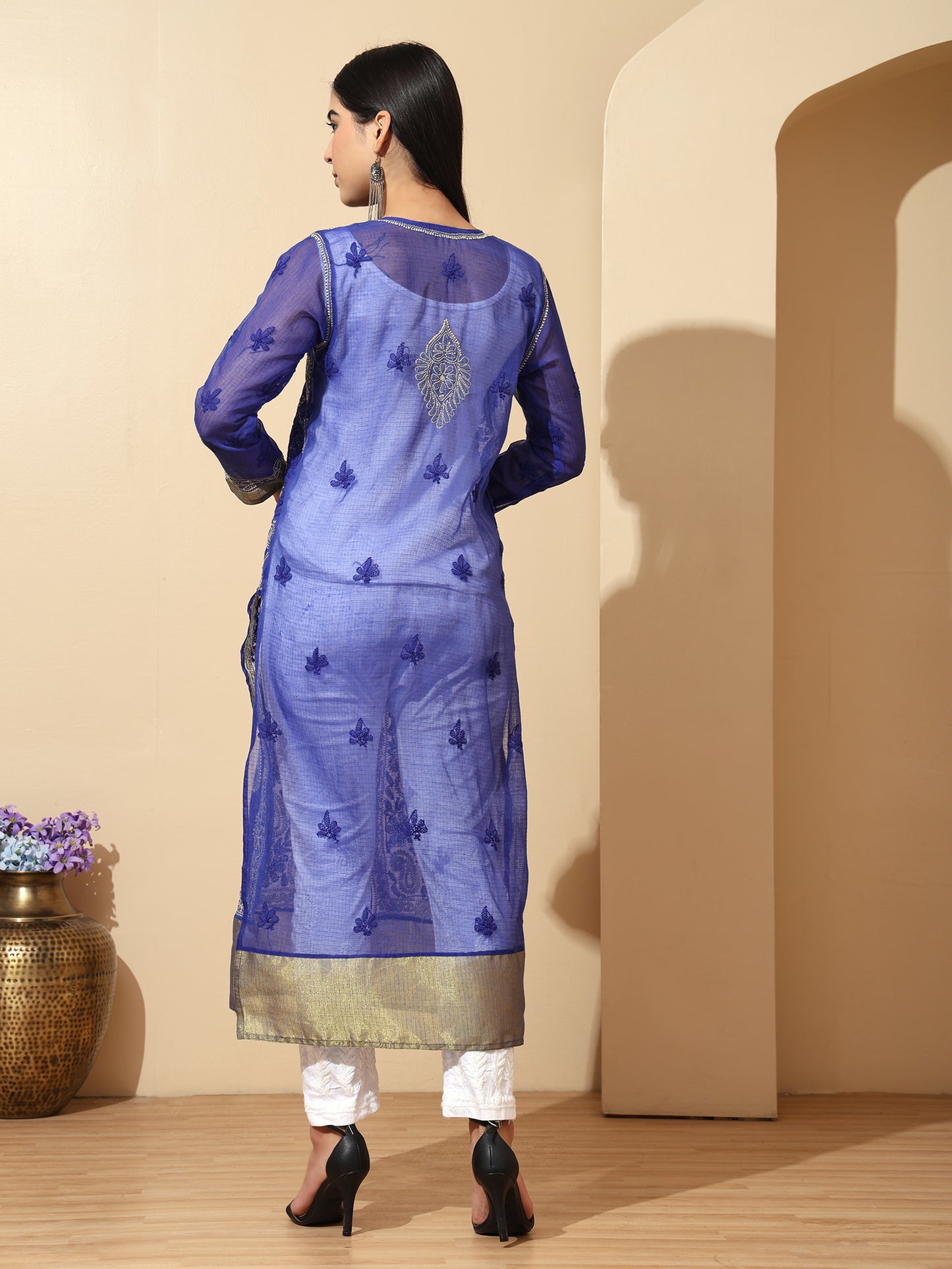 Blue Kota Chanderi Lucknowi Chikankari Long Kurta for Women with Hand Embroidery – Handmade Ethnic Wear Kurti