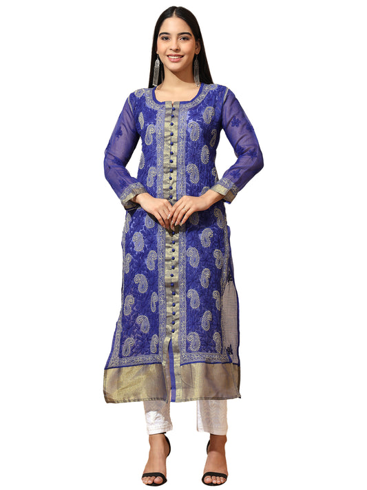 Blue Kota Chanderi Lucknowi Chikankari Long Kurta for Women with Hand Embroidery – Handmade Ethnic Wear Kurti