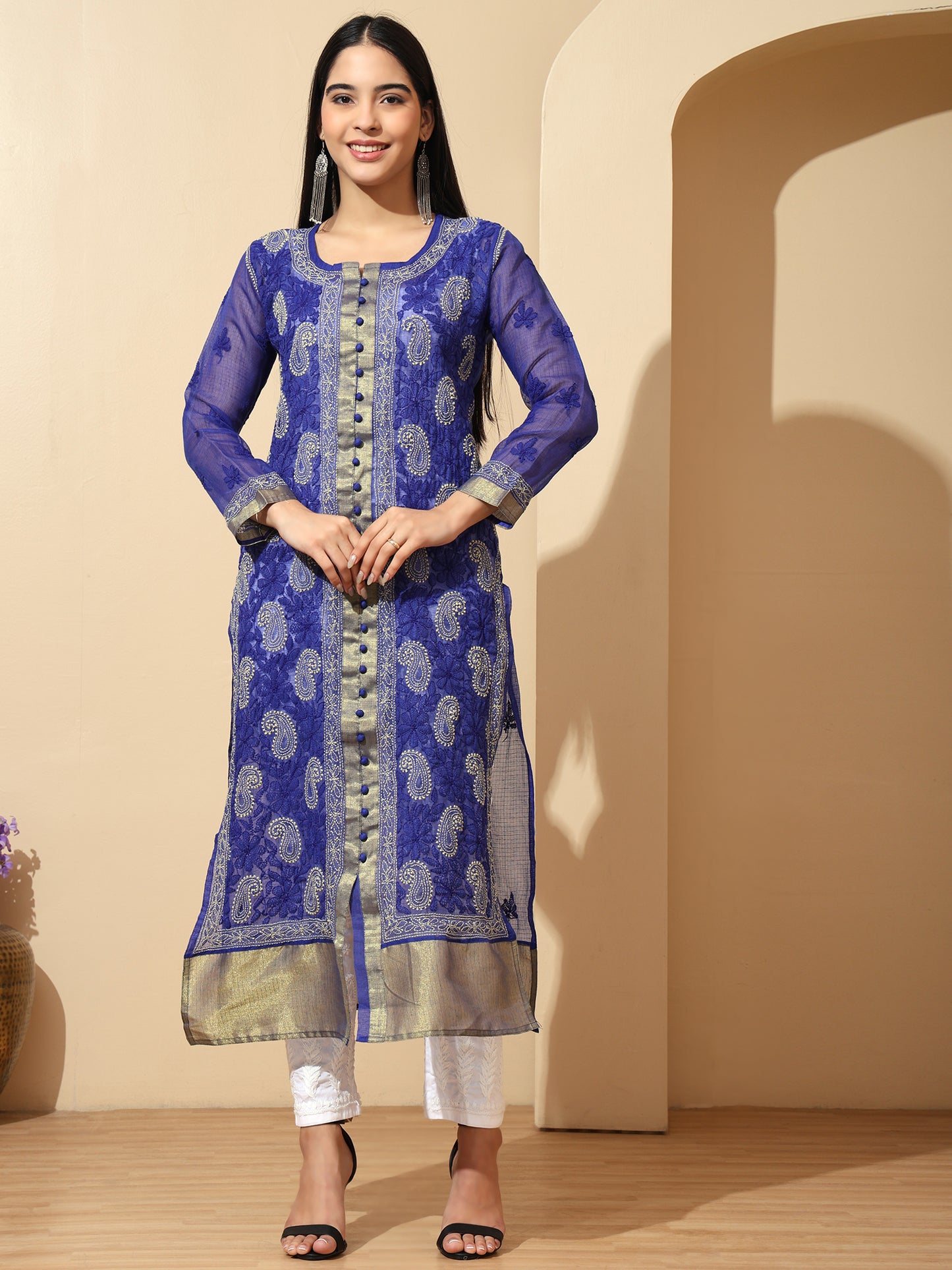 Blue Kota Chanderi Lucknowi Chikankari Long Kurta for Women with Hand Embroidery – Handmade Ethnic Wear Kurti